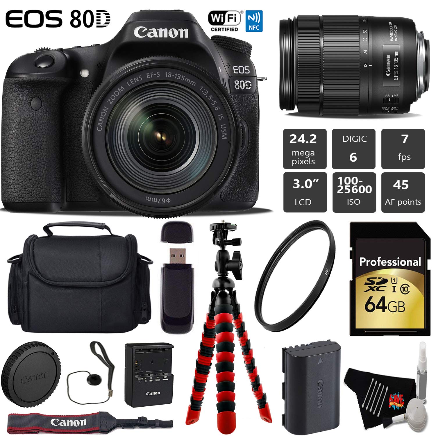 Canon EOS 80D DSLR Camera with 18-135mm is STM Lens + Flexible Tripod + UV Protection Filter + Professional Case + Card Pro Bundle
