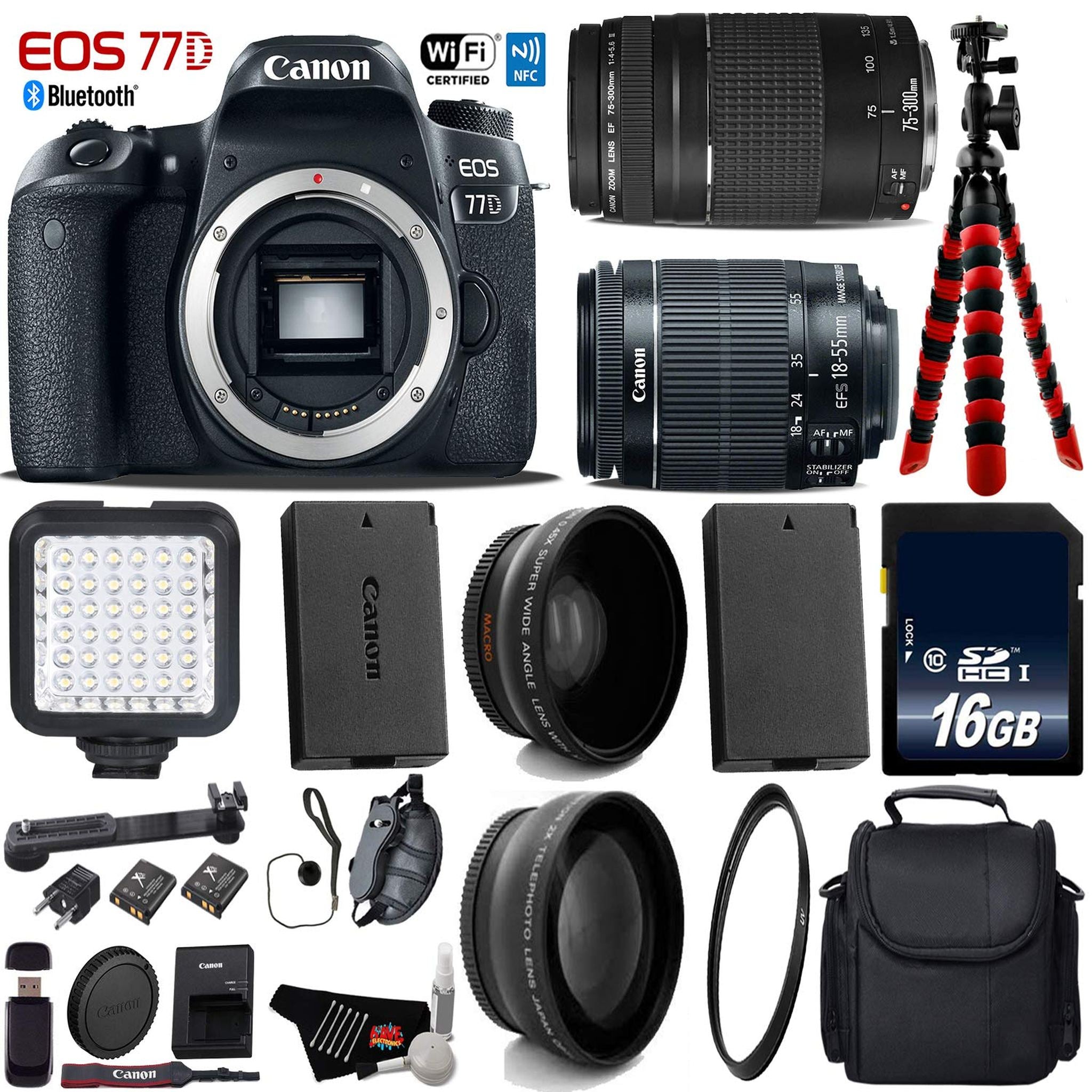 Canon EOS 77D DSLR Camera with 18-55mm is STM Lens & 75-300mm III Lens + LED + UV FLD CPL Filter Kit + Wide Angle & Tele Canon