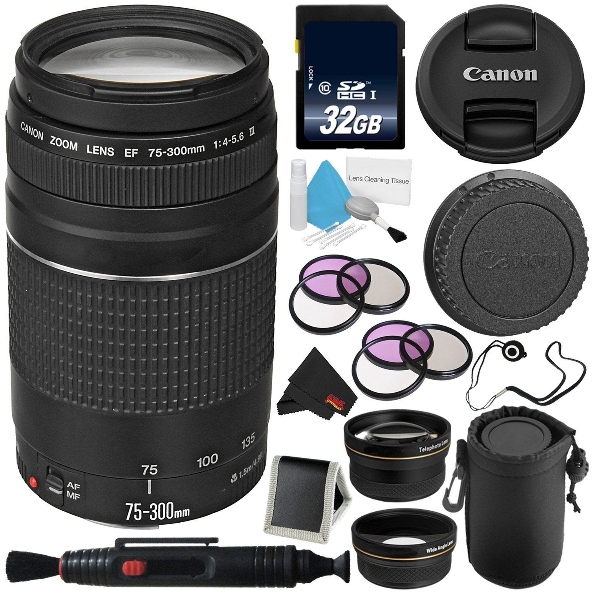 Canon EF 75-300mm f/4-5.6 III Telephoto Zoom Lens 6473A003 + Lens Pen Cleaner + Deluxe Lens Pouch + 58mm 3 Piece Filter Kit + Deluxe Cleaning Kit + Microfiber Cloth Bundle - Used Canon