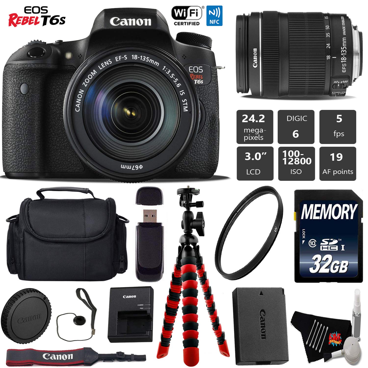 Canon EOS Rebel T6S DSLR Camera 18-135mm is STM Lens + Flexible Tripod + UV Protection Filter + Professional Case + Card Starter Bundle