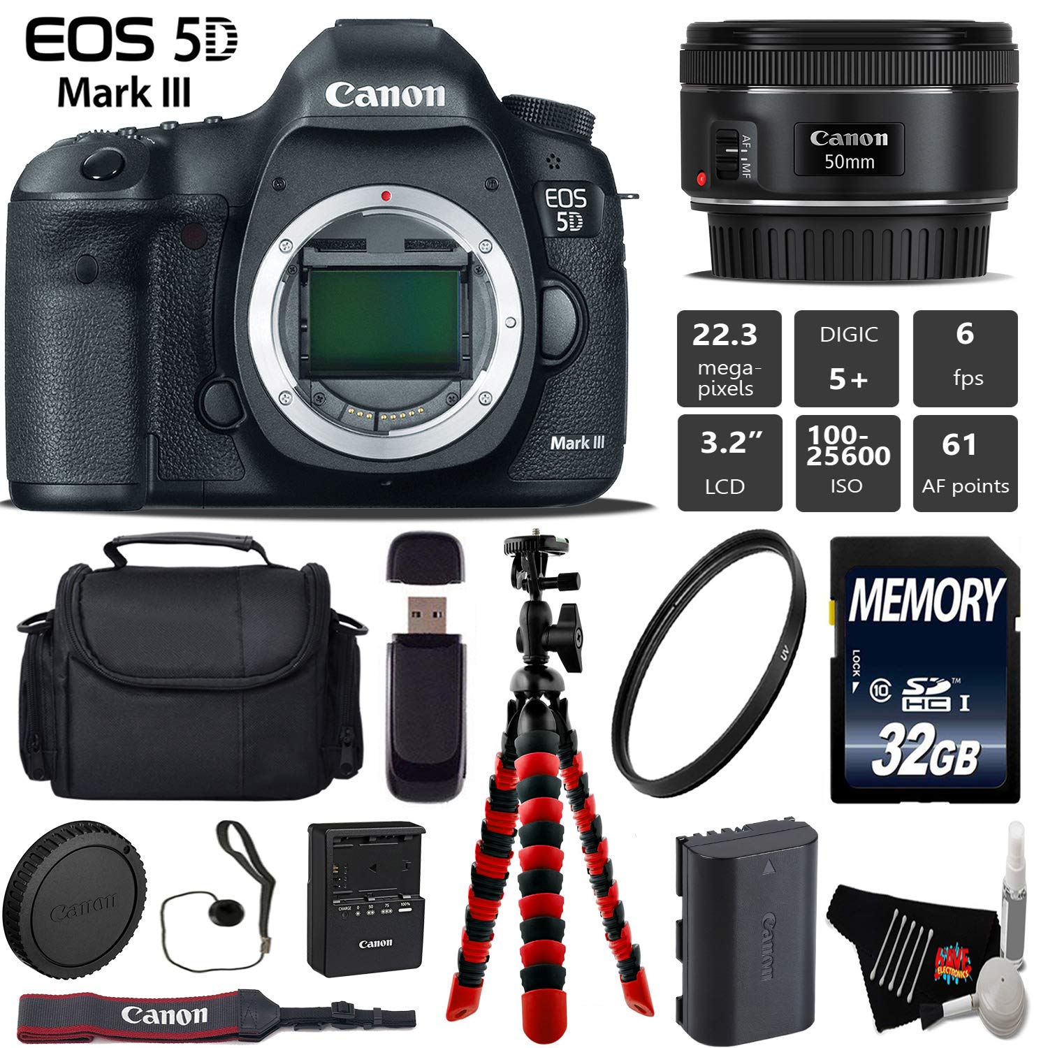 Canon EOS 5D Mark III DSLR Camera with 50mm f/1.8 STM Lens + Wireless Remote + UV Protection Filter + Case + Wrist Strap Starter Bundle