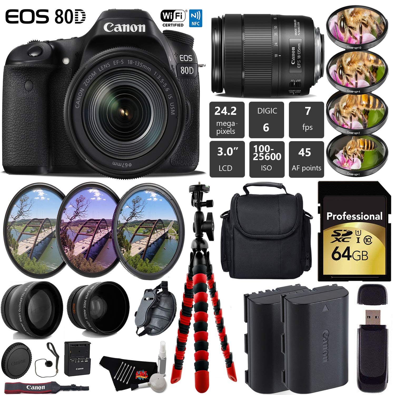 Canon EOS 80D DSLR Camera with 18-135mm is STM Lens + UV FLD CPL Filter Kit + 4 PC Macro Kit + Wide Angle & Telephoto Lens Pro Bundle