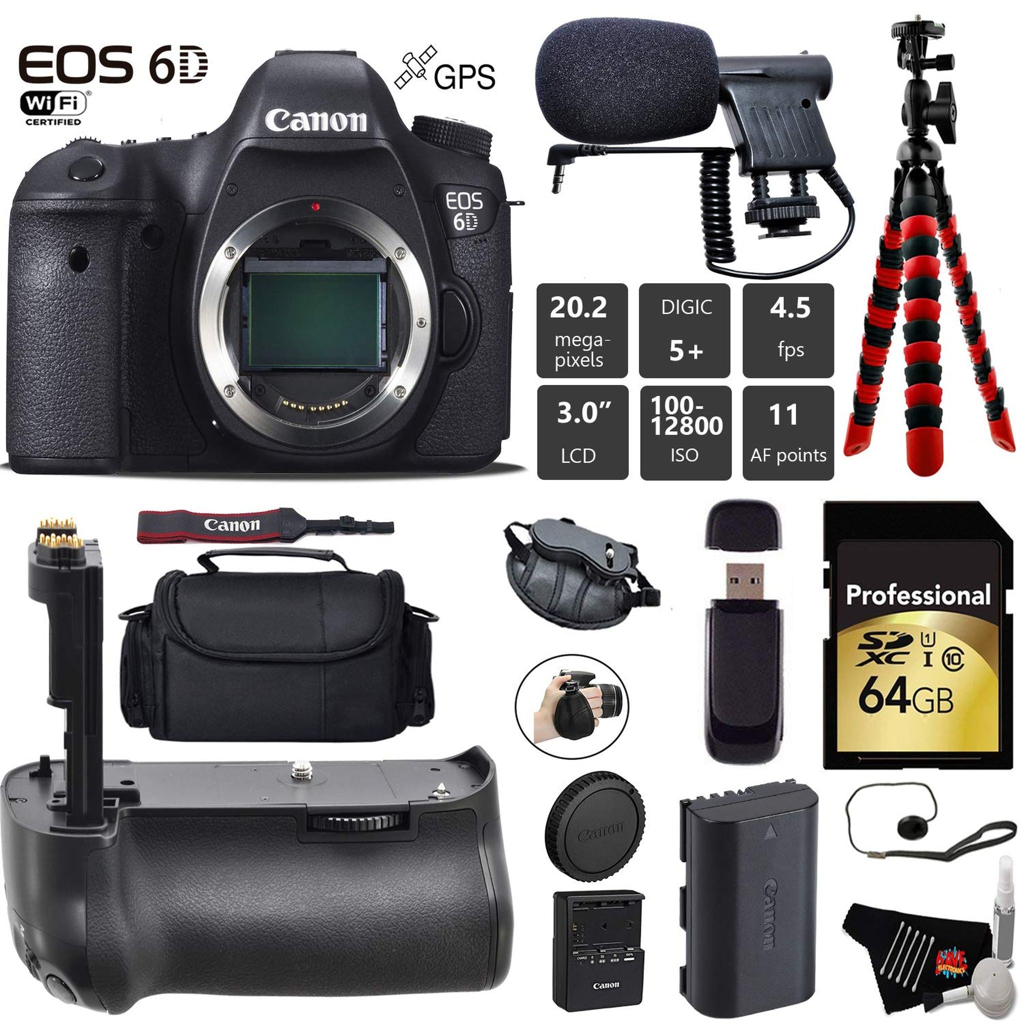 Canon EOS 6D DSLR Camera Body Only + Professional Battery Grip + Condenser Microphone + Case + Wrist Strap + Tripod + Canon