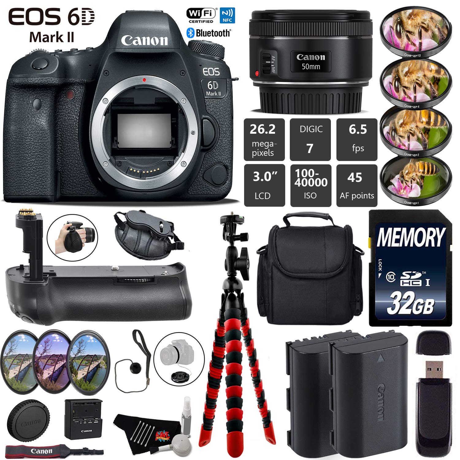 Canon EOS 6D Mark II DSLR Camera With 50mm 1.8 STM Lens + Professional Battery Grip + 4PC Macro Filter Kit + LED Kit Starter Bundle