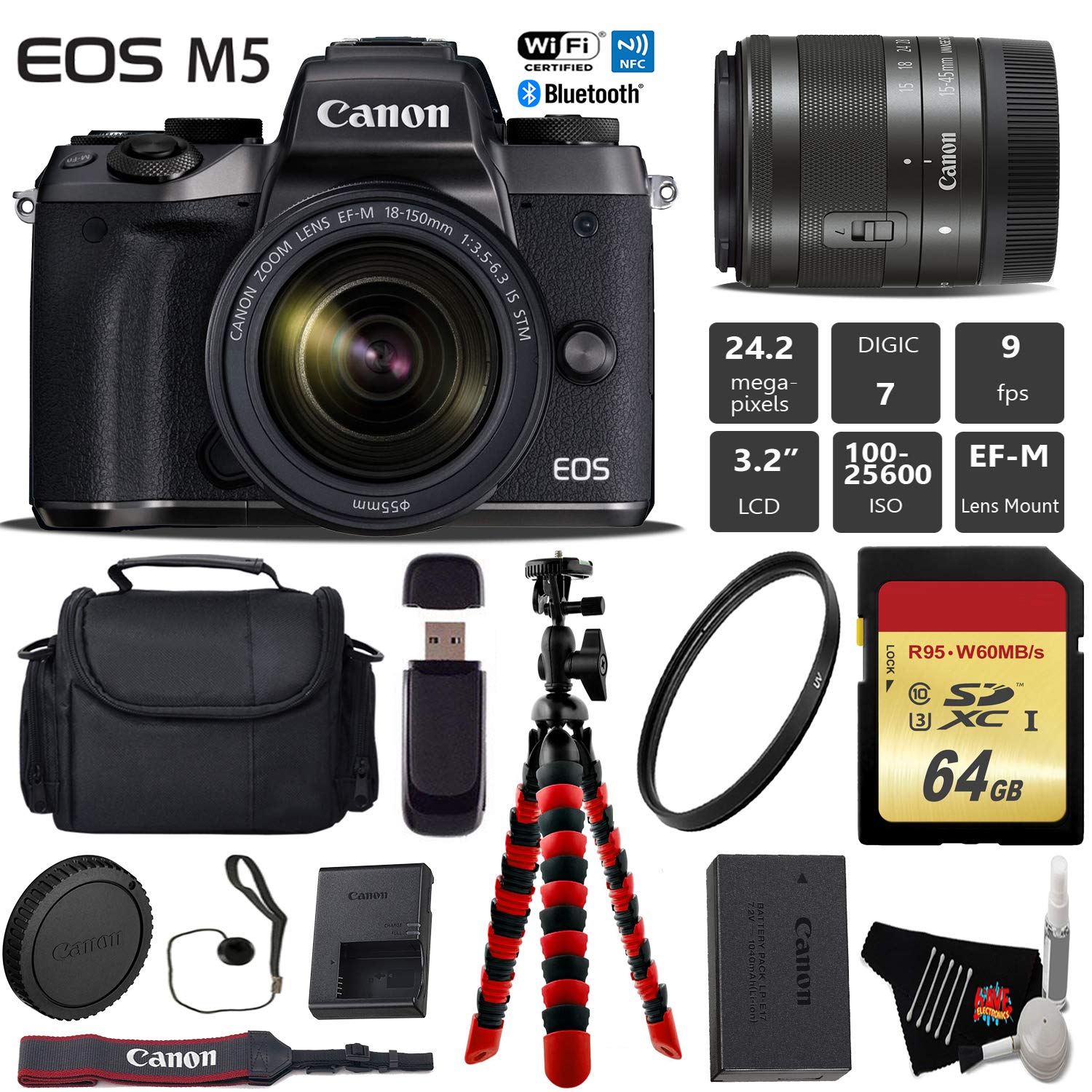 Canon EOS M5 Mirrorless Digital Camera with EF-M 15-45mm is STM Lens + Flexible Tripod + UV Protection Filter Pro Bundle