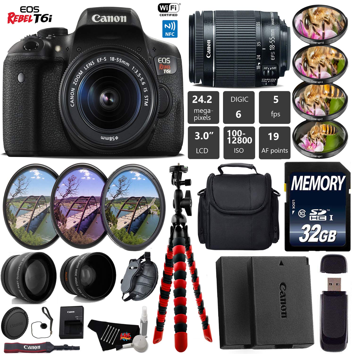 Canon EOS Rebel T6i DSLR Camera 18-55mm is STM Lens + UV FLD CPL Filter Kit + 4 PC Macro Kit + Wide Angle & Telephoto Le