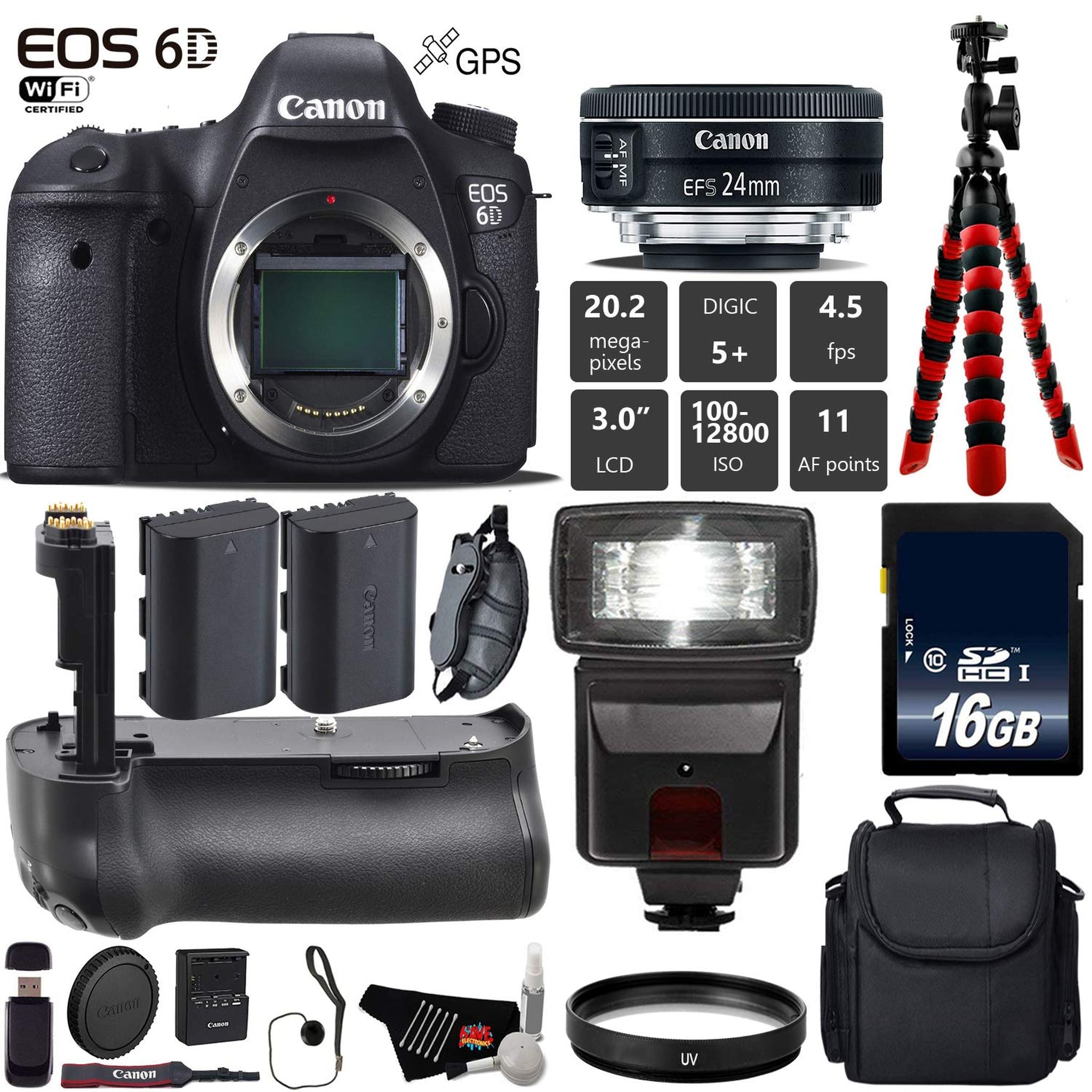 Canon EOS 6D DSLR Camera with 24mm f/2.8 STM Lens + Professional Battery Grip + UV Protection Filter + Flash + Extra Bat Canon