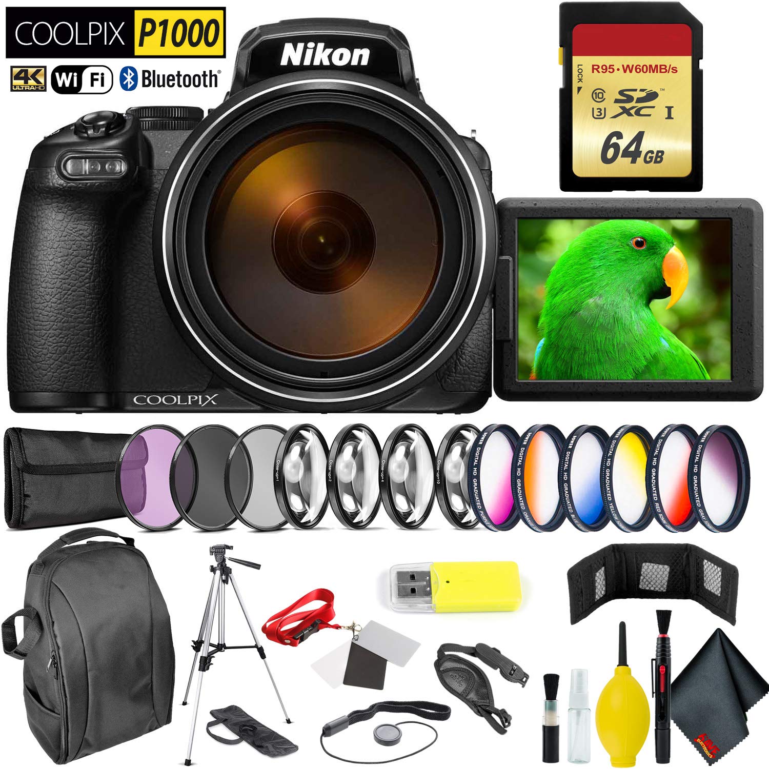 Nikon COOLPIX P1000 Digital Camera + 64GB Memory Card Professional Bundle International Model