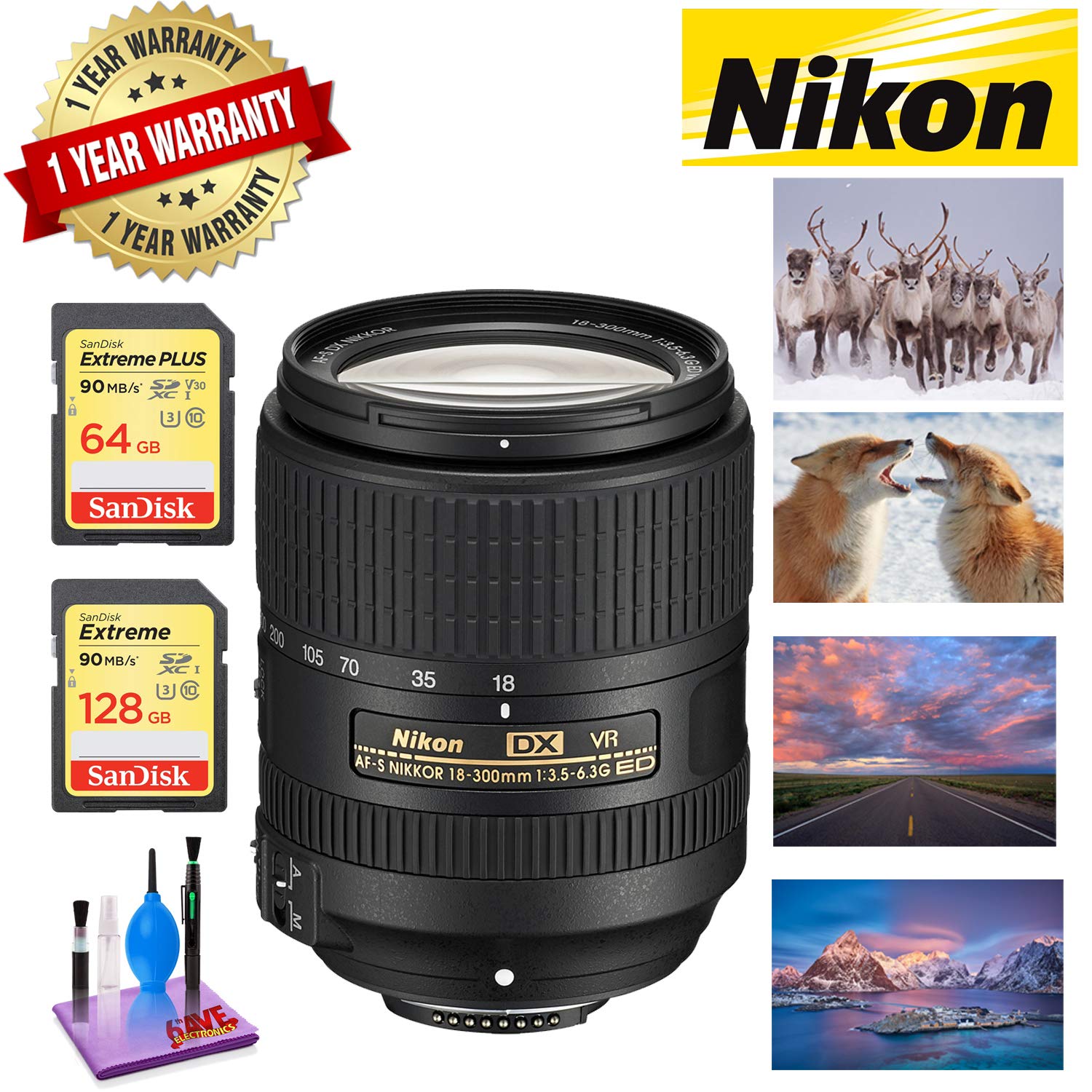 NIKON 18-300MM F/3.5-6.3G ED AF-S DX VR Lens with 1 Year Warranty Sandisk 64GB and 128GB Extreme Memory Card SDXCUHS-I Bundle