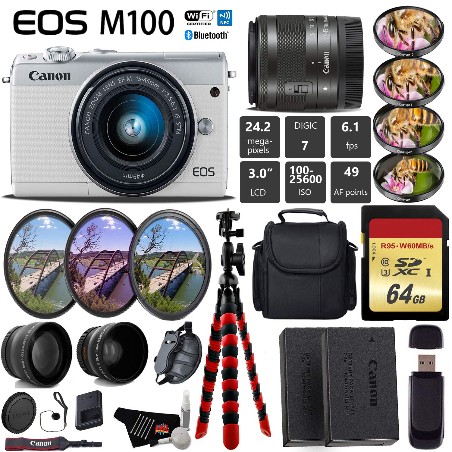 Canon EOS M100 Mirrorless Digital Camera White with 15-45mm Lens Extreme Filter Bundle
