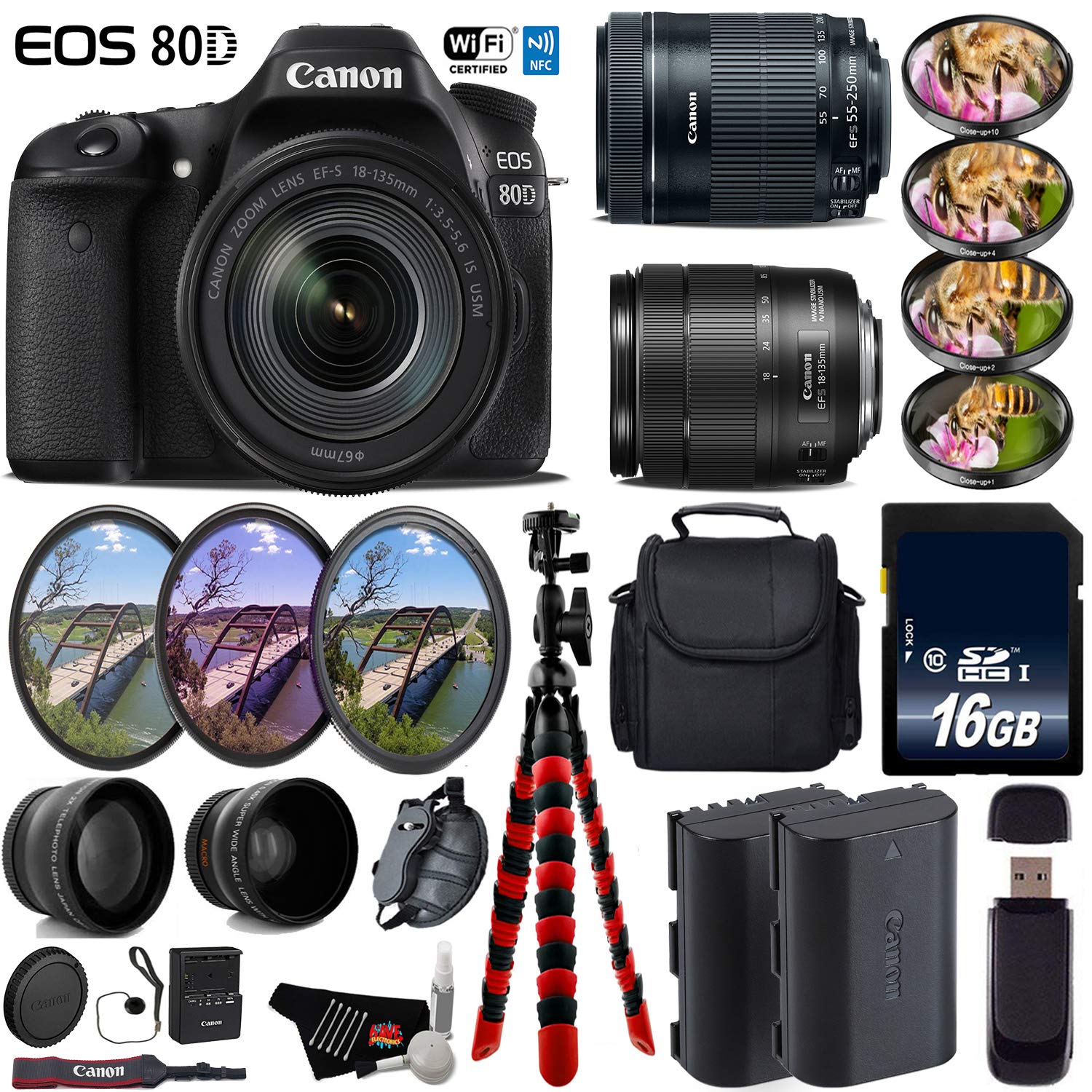 Canon EOS 80D DSLR Camera + 18-135mm STM Lens & 55-250mm is STM Lens + UV FLD CPL Filter Kit + 4 PC Macro Kit Deluxe Bundle