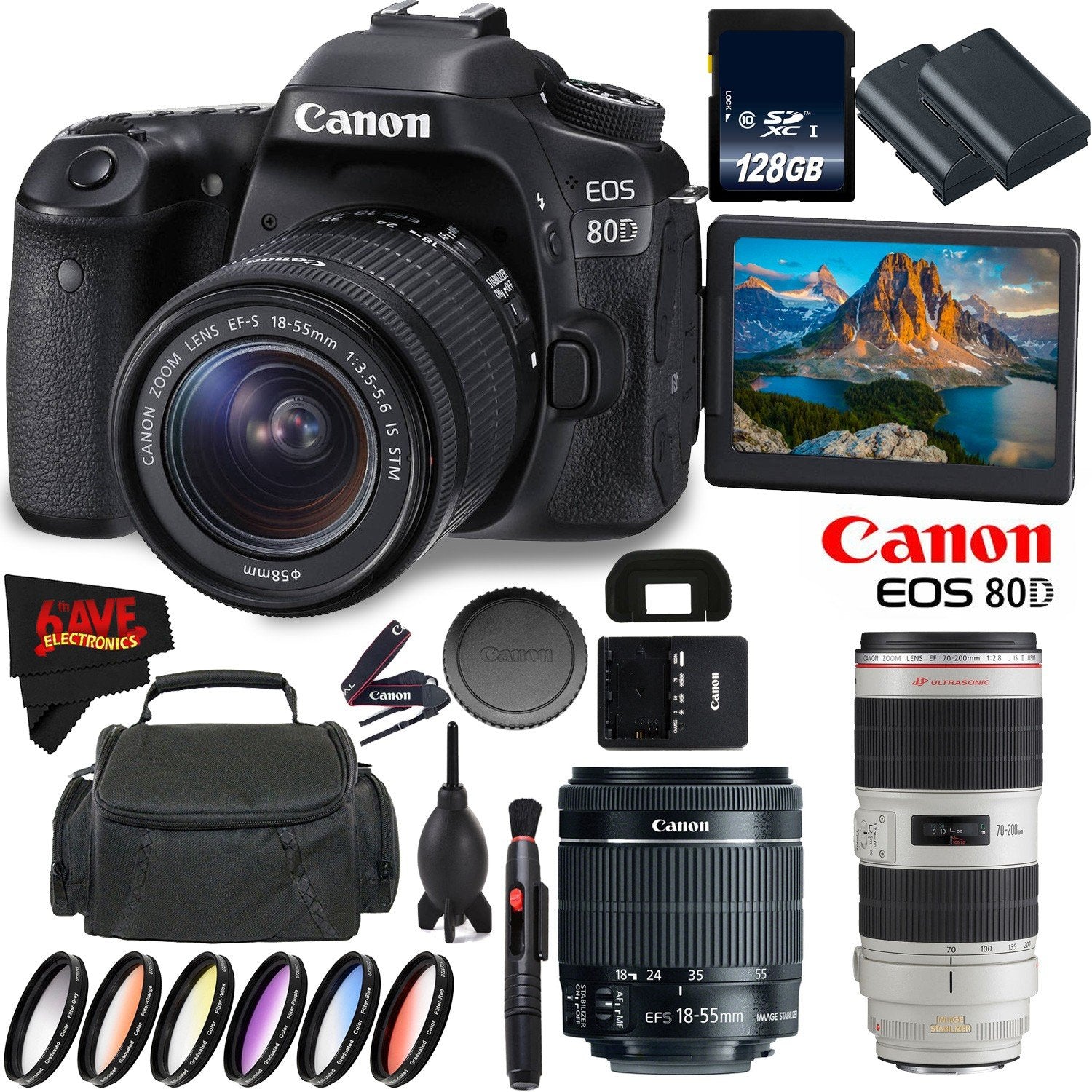 Canon EOS 80D DSLR Camera + 18-55mm Lens + Canon EF 70-200mm f/2.8L is II USM Lens + 128GB Memory Card International Ver