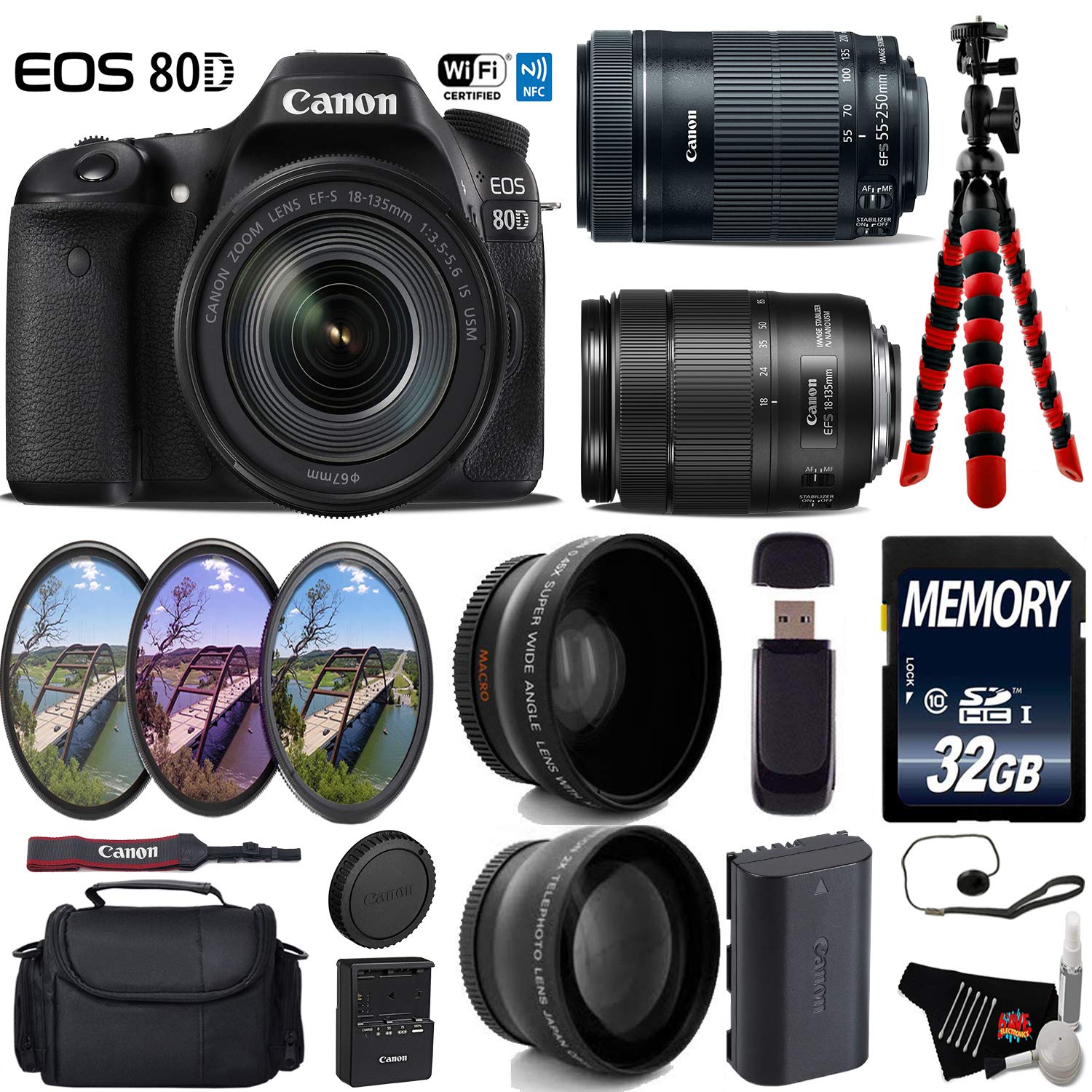 Canon EOS 80D DSLR Camera with 18-135mm is STM Lens & 55-250mm is STM Lens + UV FLD CPL Filter Kit Deluxe Bundle