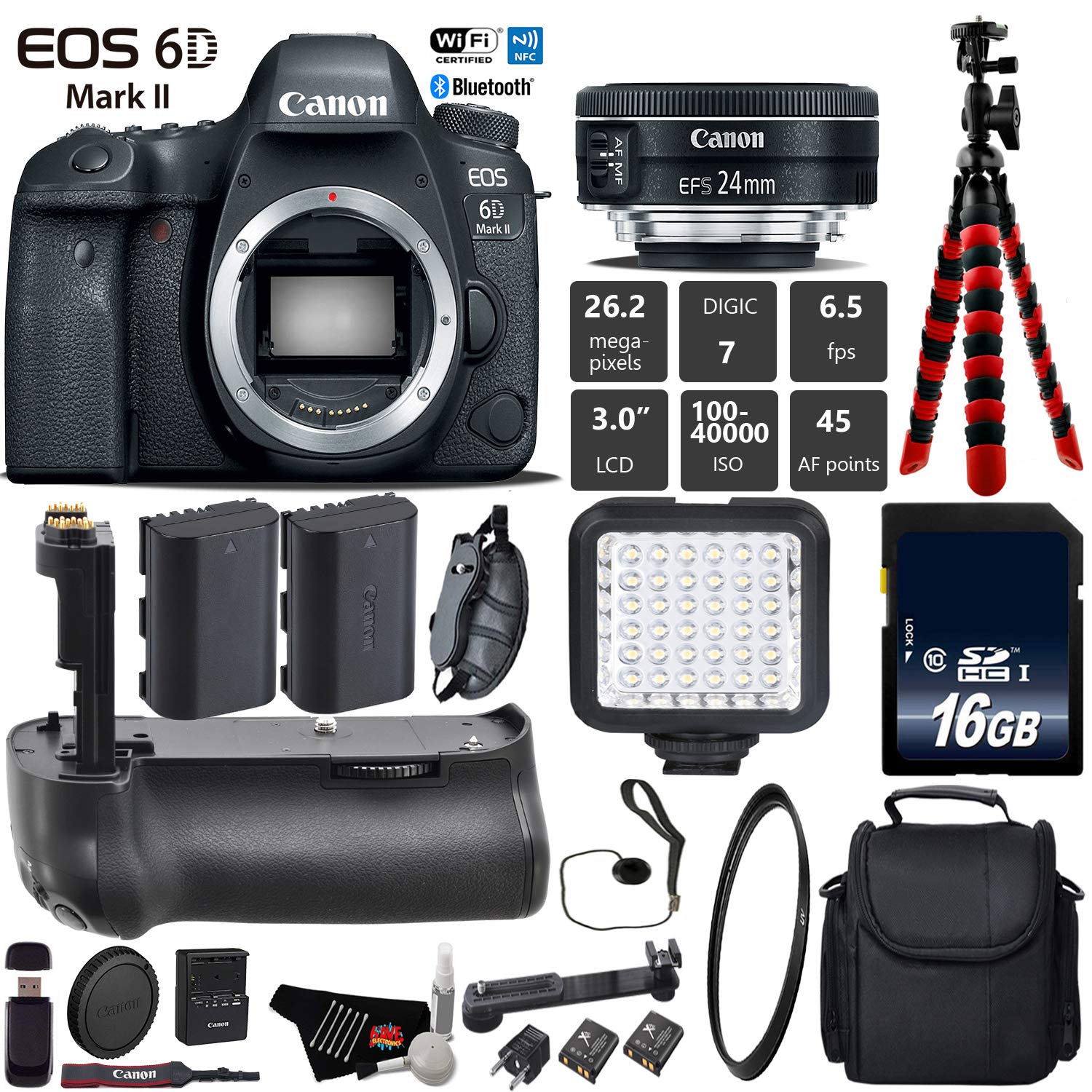 Canon EOS 6D Mark II DSLR Camera With 24mm 2.8 STM Lens + Professional Battery Grip + UV Protection Filter + LED Kit Base Bundle