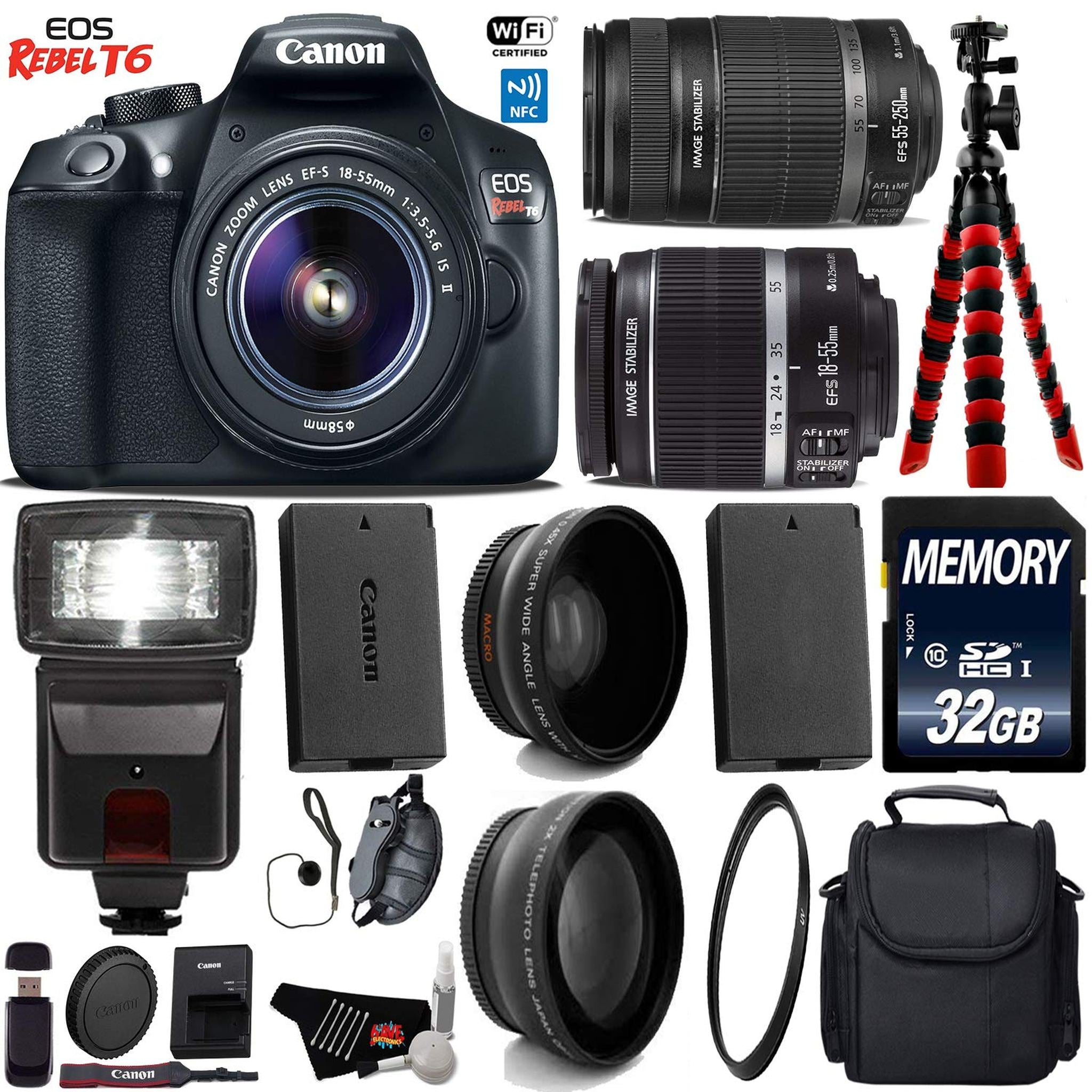 Canon EOS Rebel T6 DSLR Camera 18-55mm is Lens & 55-250mm is II Lens + Flash + UV FLD CPL Filter Kit + Wide Angle & Tele Canon