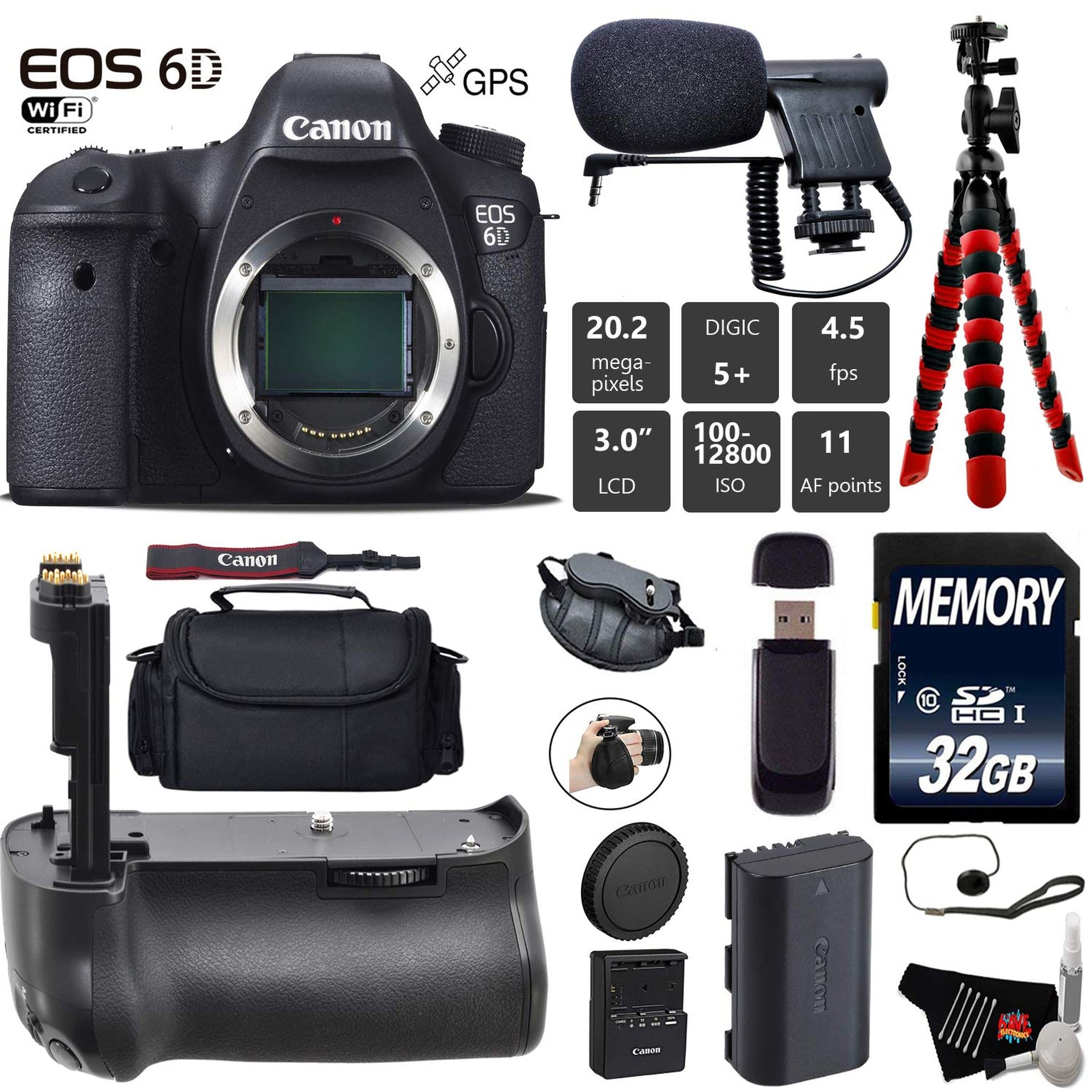 Canon EOS 6D DSLR Camera Body Only + Professional Battery Grip + Condenser Microphone + Case + Wrist Strap + Tripod + Canon