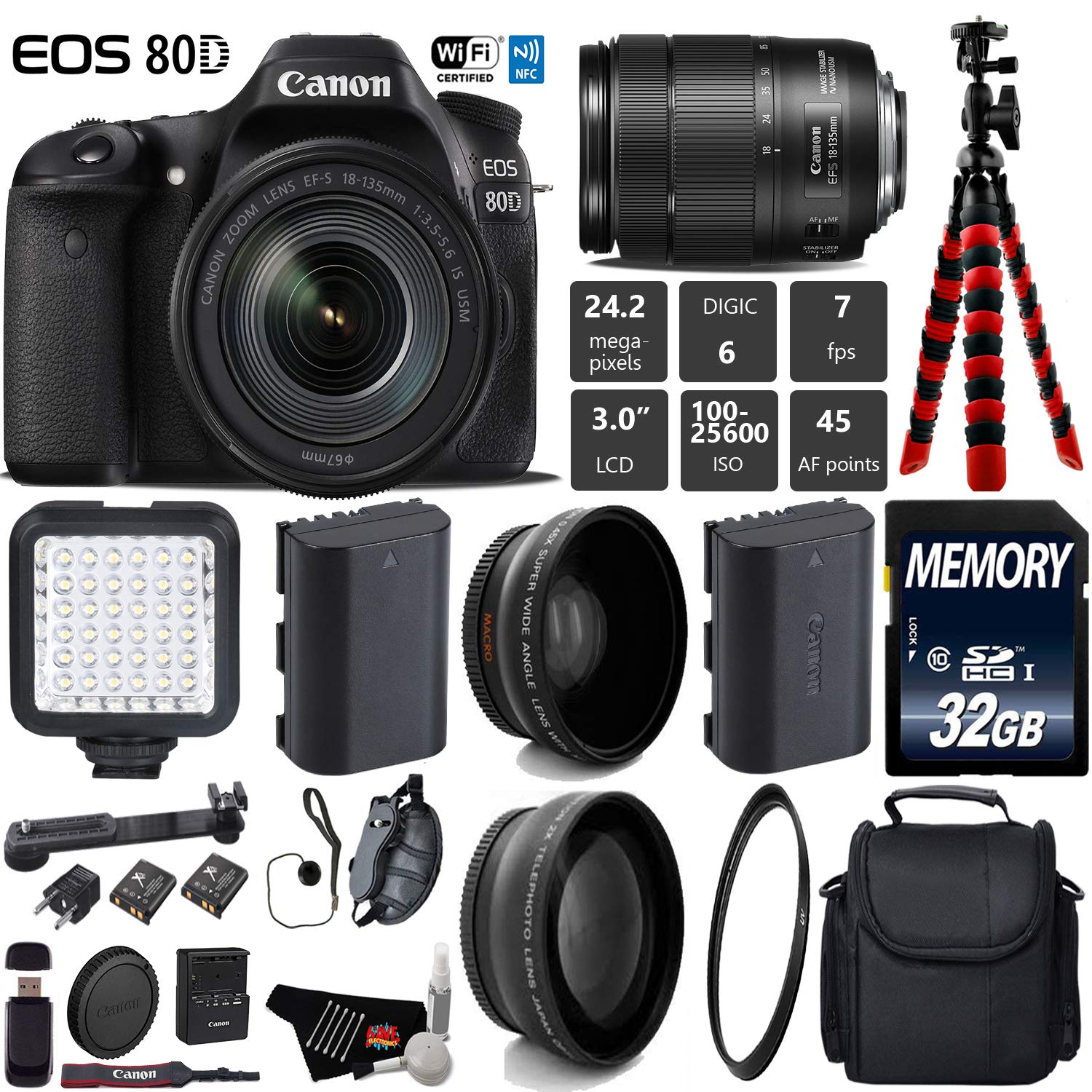 Canon EOS 80D DSLR Camera with 18-135mm is STM Lens + LED + UV FLD CPL Filter Kit + Wide Angle & Telephoto Lens + Camera Starter Bundle