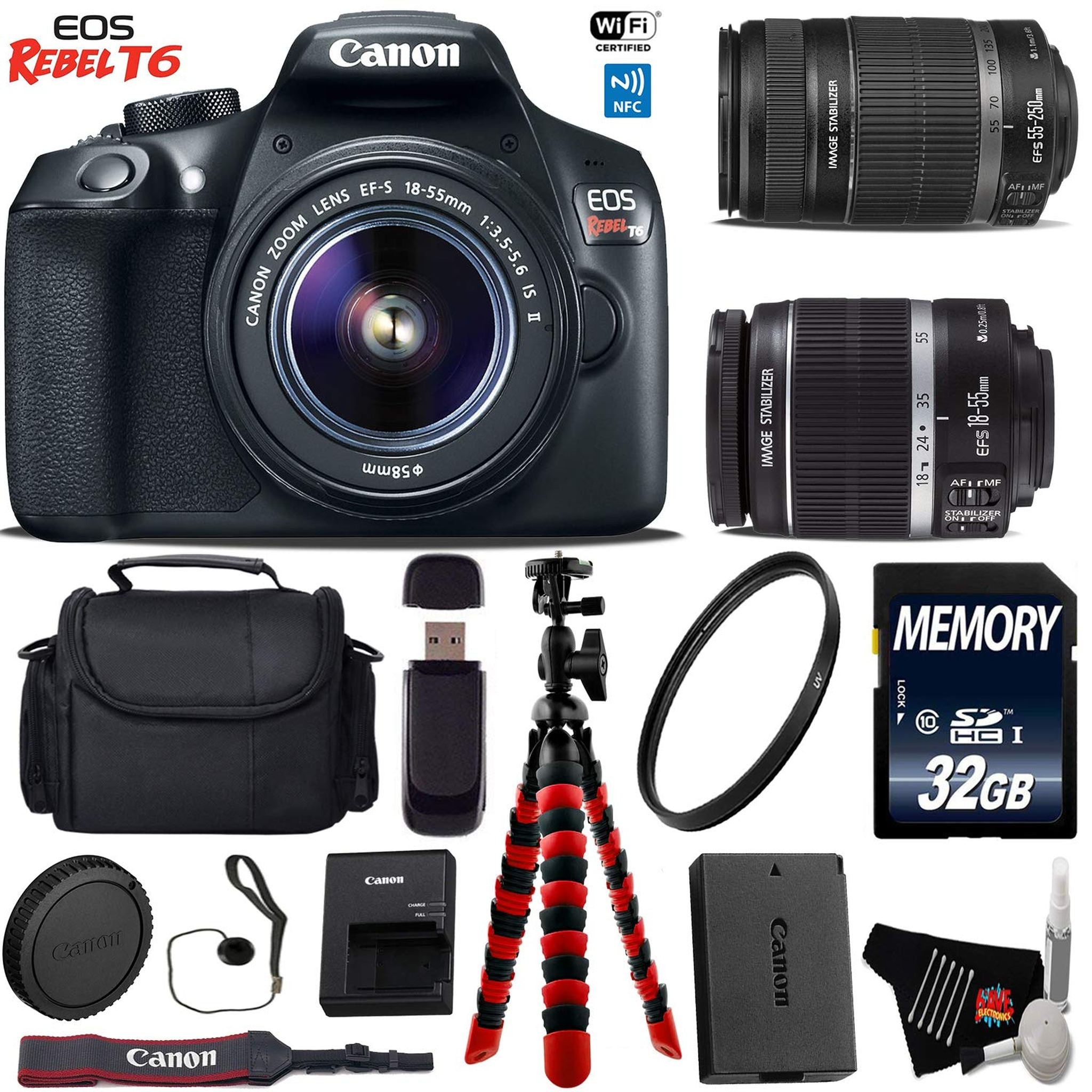 Canon EOS Rebel T6 DSLR Camera 18-55mm is Lens & 55-250mm is II Lens + Flexible Tripod + UV Protection Filter + Professi Canon