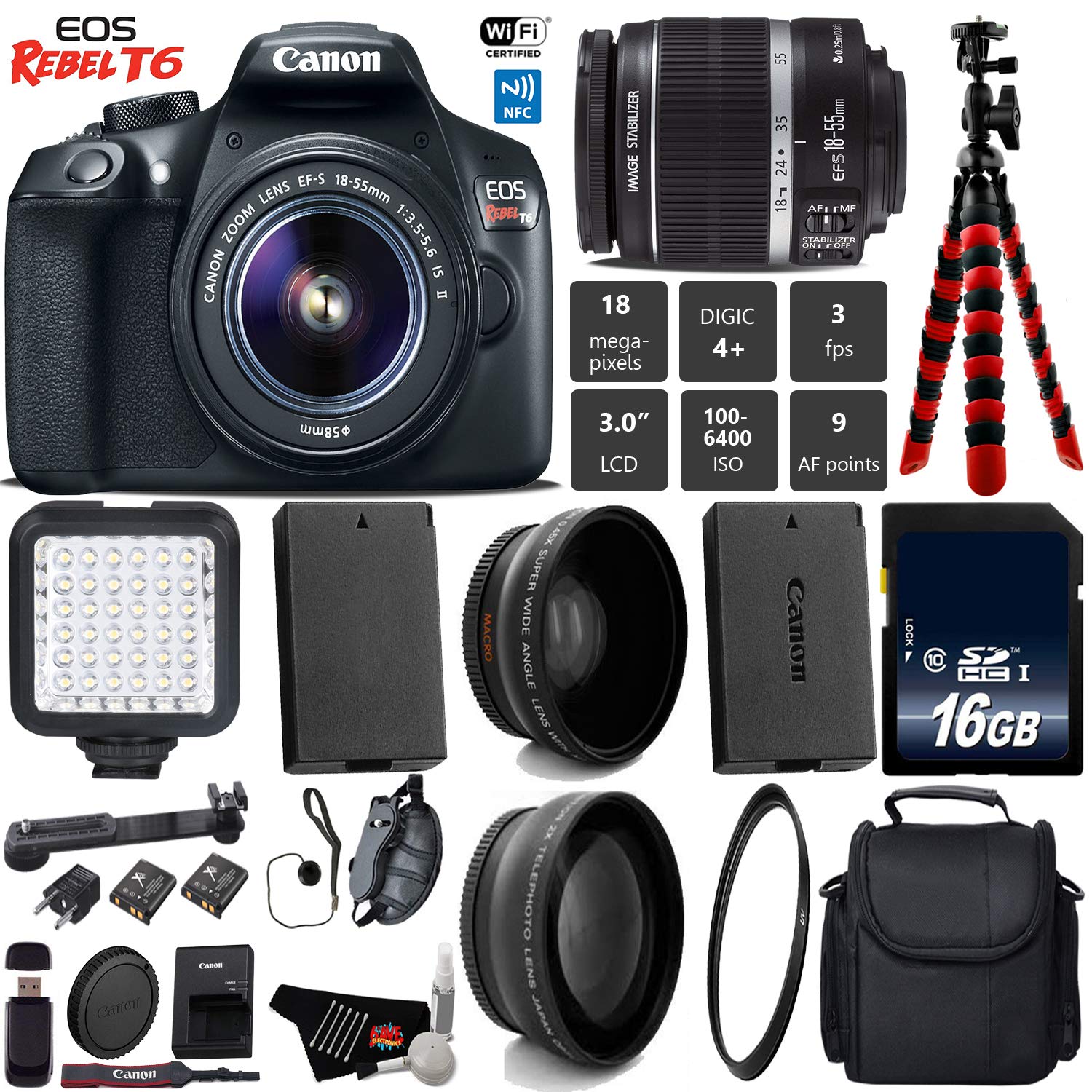 Canon EOS Rebel T6 DSLR Camera 18-55mm is II Lens + LED + UV FLD CPL Filter Kit + Wide Angle & Telephoto Lens + Camera C