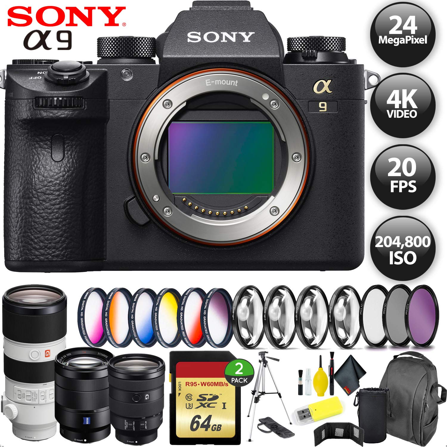 Sony Alpha a9 Mirrorless Digital Camera International Model + 256GB Memory + Sony 70-200mm + 24-105mm + 24-70mm 3 Lenses