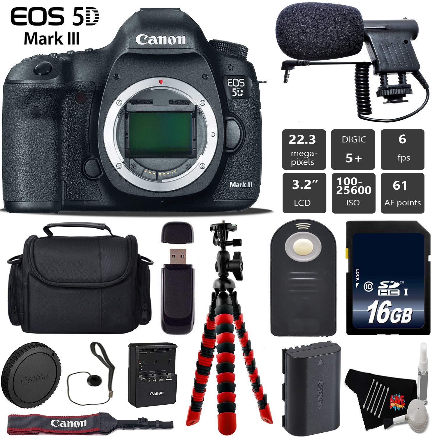 Canon EOS 5D Mark III DSLR Camera (Body Only) + Wireless Remote + Condenser Microphone + Case + Wrist Strap + Tripod Base Bundle