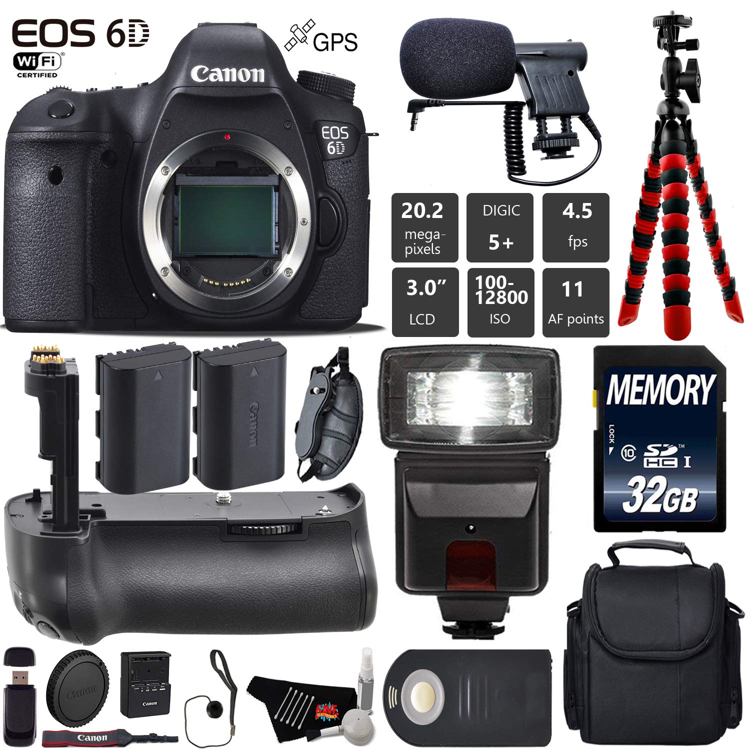 Canon EOS 6D DSLR Camera Body Only + Professional Battery Grip + Condenser Microphone + Flash + Extra Battery + Case +