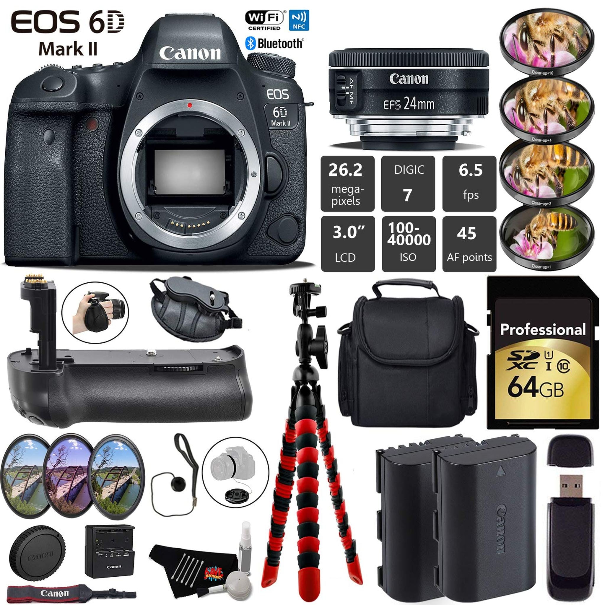 Canon EOS 6D Mark II DSLR Camera With 24mm 2.8 STM Lens + Professional Battery Grip + 4PC Macro Filter Kit + LED Kit Starter Bundle