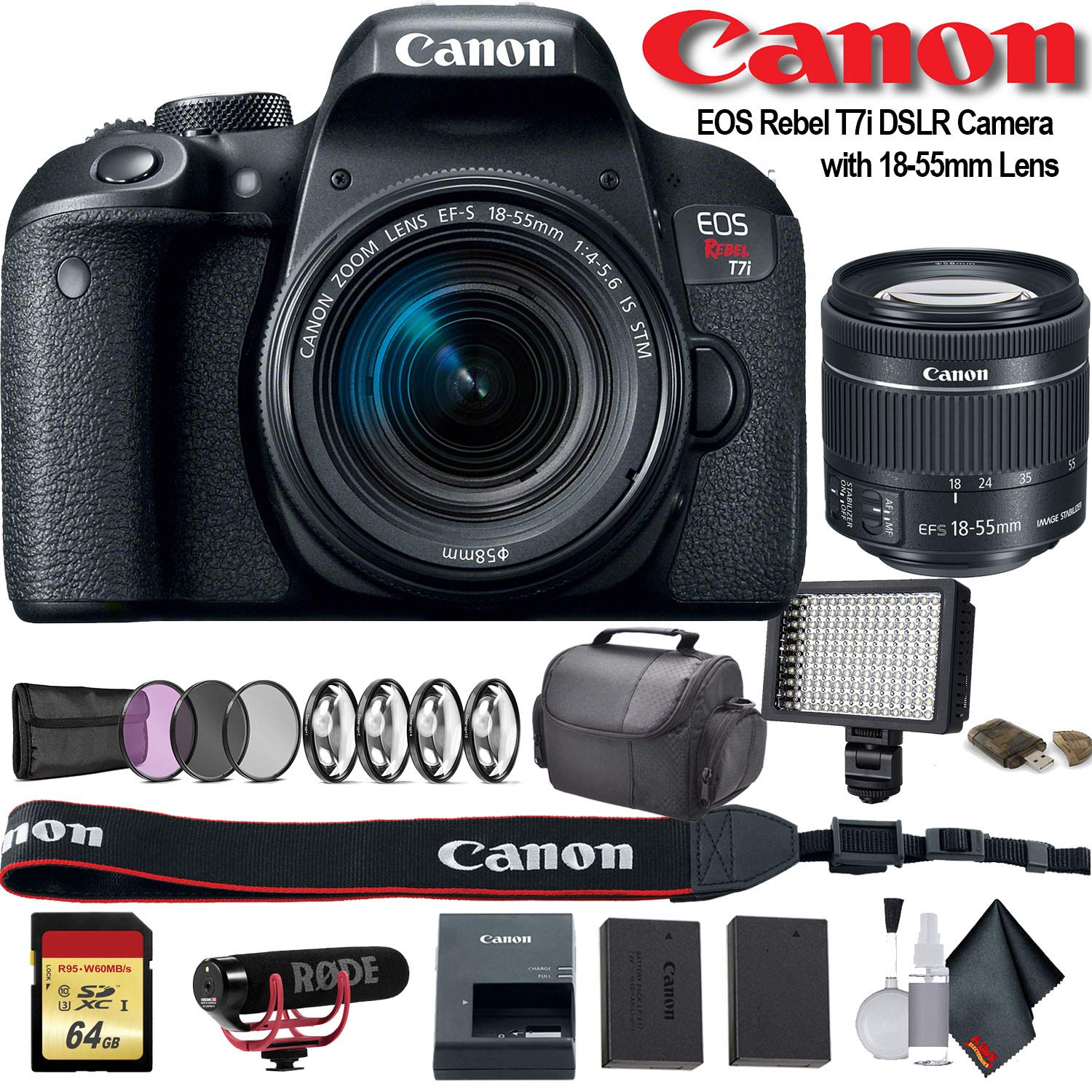Canon EOS Rebel T7i DSLR Camera with 18-55mm Lens (1894C002) W/Bag, Extra Battery, LED Light, Mic, Filters Bundle