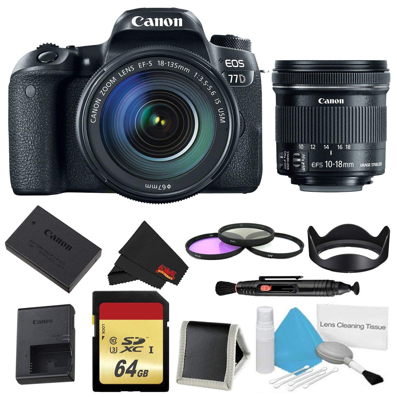 Canon EOS 77D DSLR Camera with 18-135mm Lens Bundle w/ 3 Piece Filter & Memory Kit + Bonus 10-18mm Lens International M