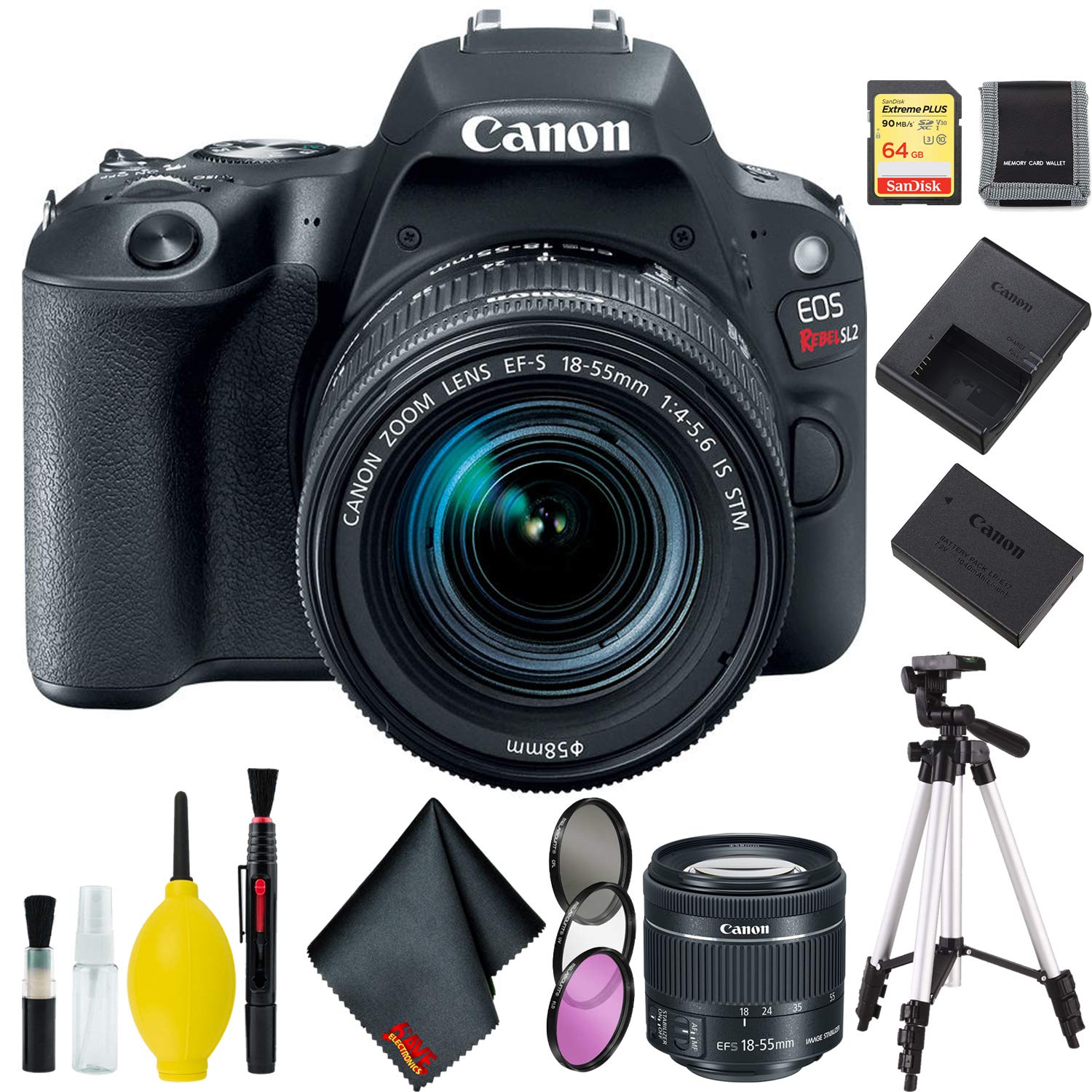 Canon EOS Rebel SL2 DSLR Camera with 18-55mm Lens (Black) w/ 64GB Memory Card + Wallet