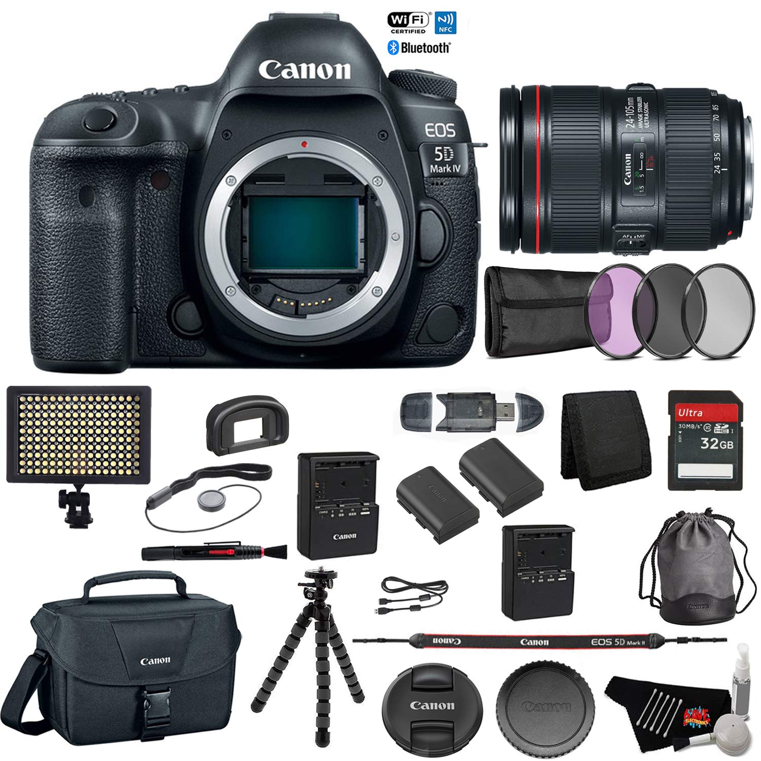 Canon EOS 5D Mark IV Digital SLR Camera with 24-105mm f/4L II Lens - Bundle with Spare Battery + Tripod + LED Light + 32
