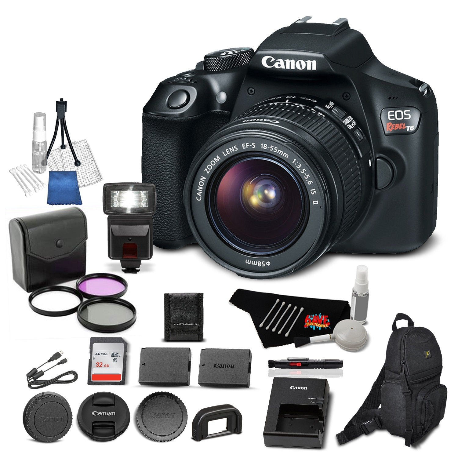 Canon EOS Rebel T6 Digital SLR Camera Bundle with EF-S 18-55mm f/3.5-5.6 IS II Lens with 32GB Memory Card + Filter Kit + More