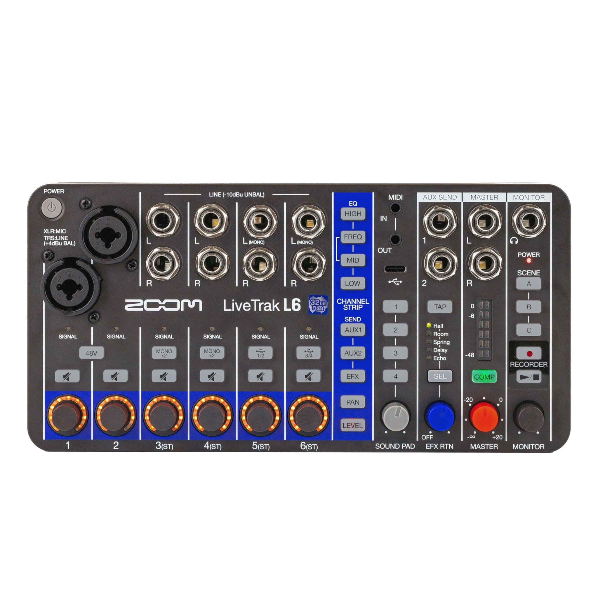 Zoom LiveTrak L6 Digital Mixer/Recorder, Battery Powered, 32-Bit Float, 10-Channels, 2 Combo + 4 Stereo Inputs, MIDI, Effects, Sound Pads, 3-Band EQ, Audio Interface, For Music & Streaming