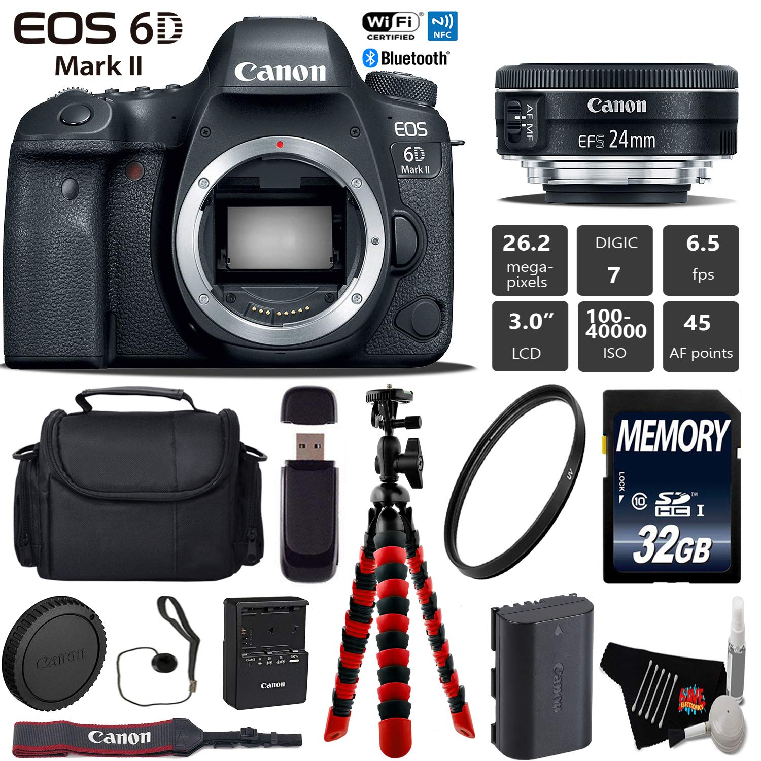 Canon EOS 6D Mark II DSLR Camera with 24mm f/2.8 STM Lens + Wireless Remote + UV Protection Filter + Case + Wrist Strap Starter Bundle