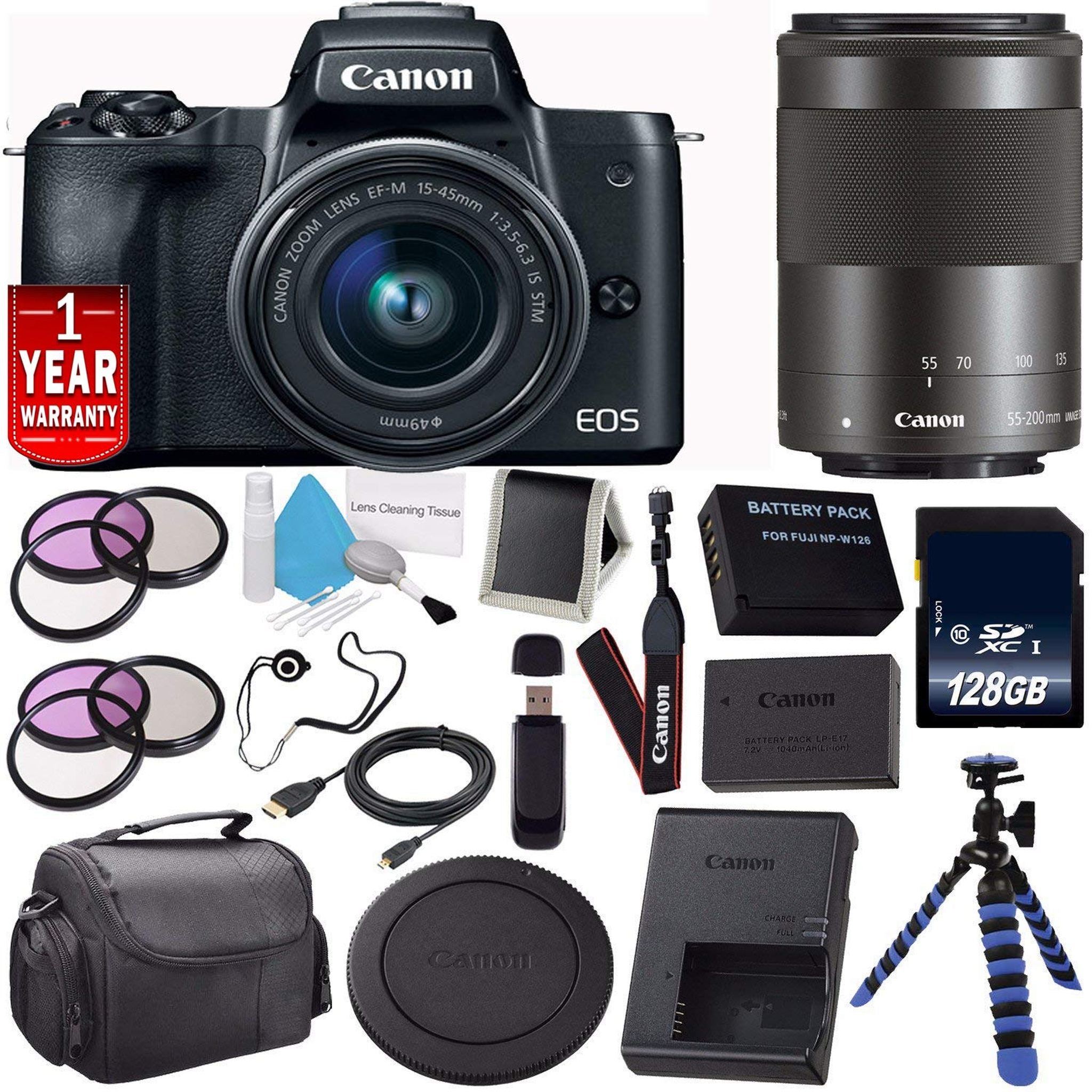6Ave Canon EOS M50 Mirrorless Digital Camera with 15-45mm Lens Black International Model + Canon EF-M 55-200MM f/4.5