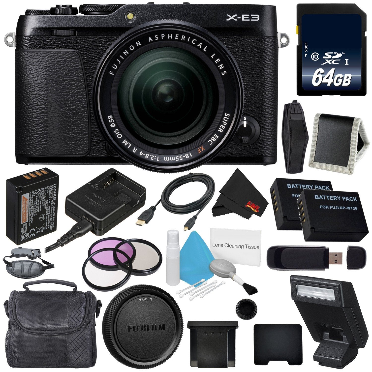 Fujifilm X-E3 Mirrorless Digital Camera with 18-55mm Lens (Black) #16558798 (International Version) + Extra Battery + 64
