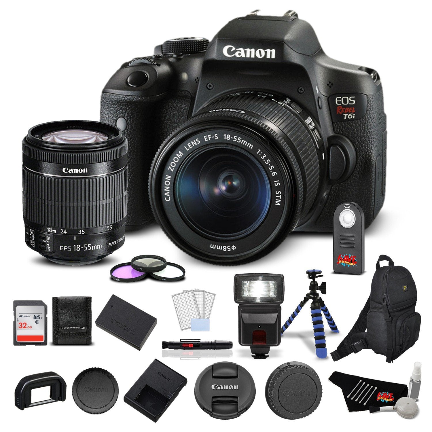 Canon EOS Rebel T6i Digital SLR Camera Bundle with EF-S 18-55mm Lens with 32GB Memory Card + UV Filter Kit + More