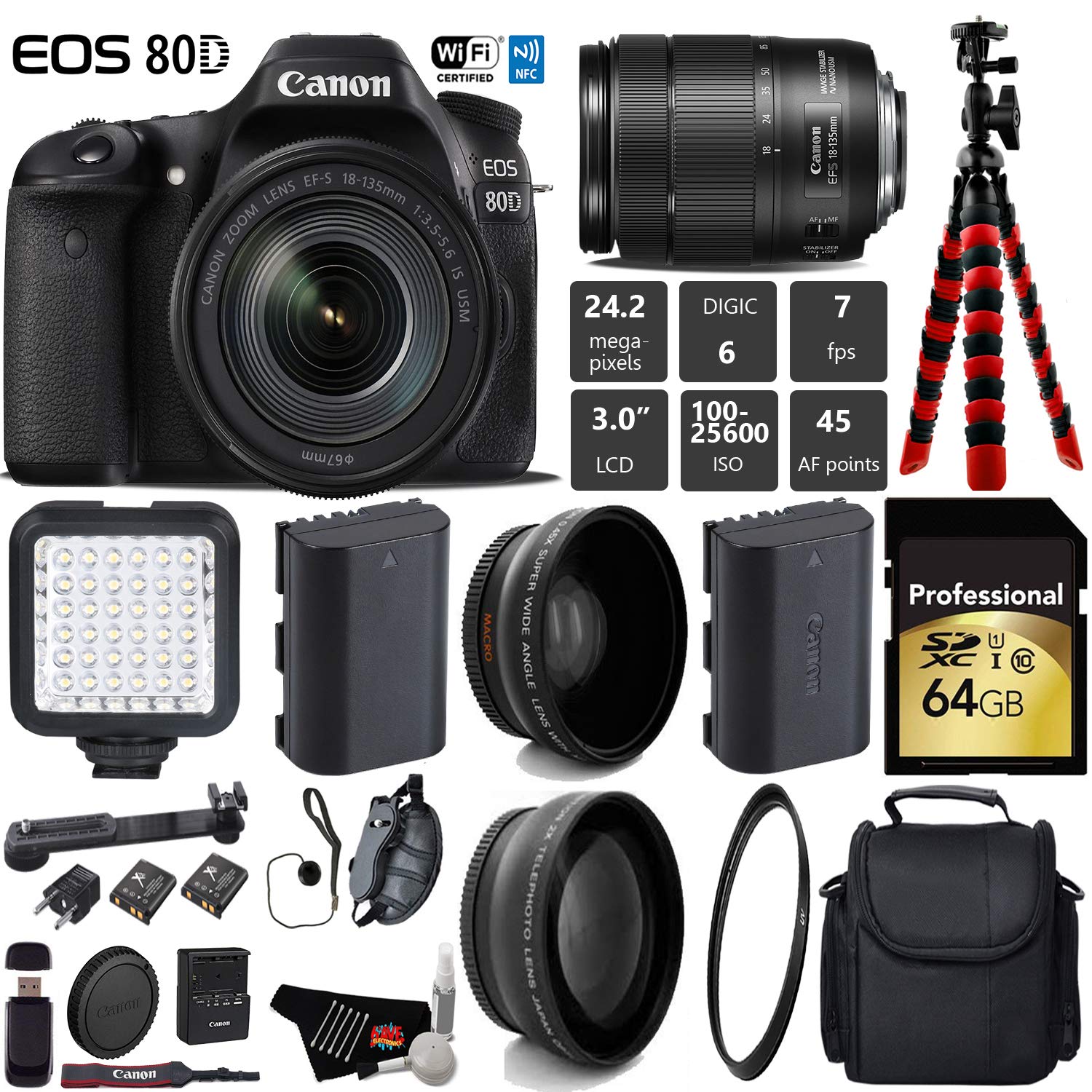 Canon EOS 80D DSLR Camera with 18-135mm is STM Lens + LED + UV FLD CPL Filter Kit + Wide Angle & Telephoto Lens + Camera Pro Bundle