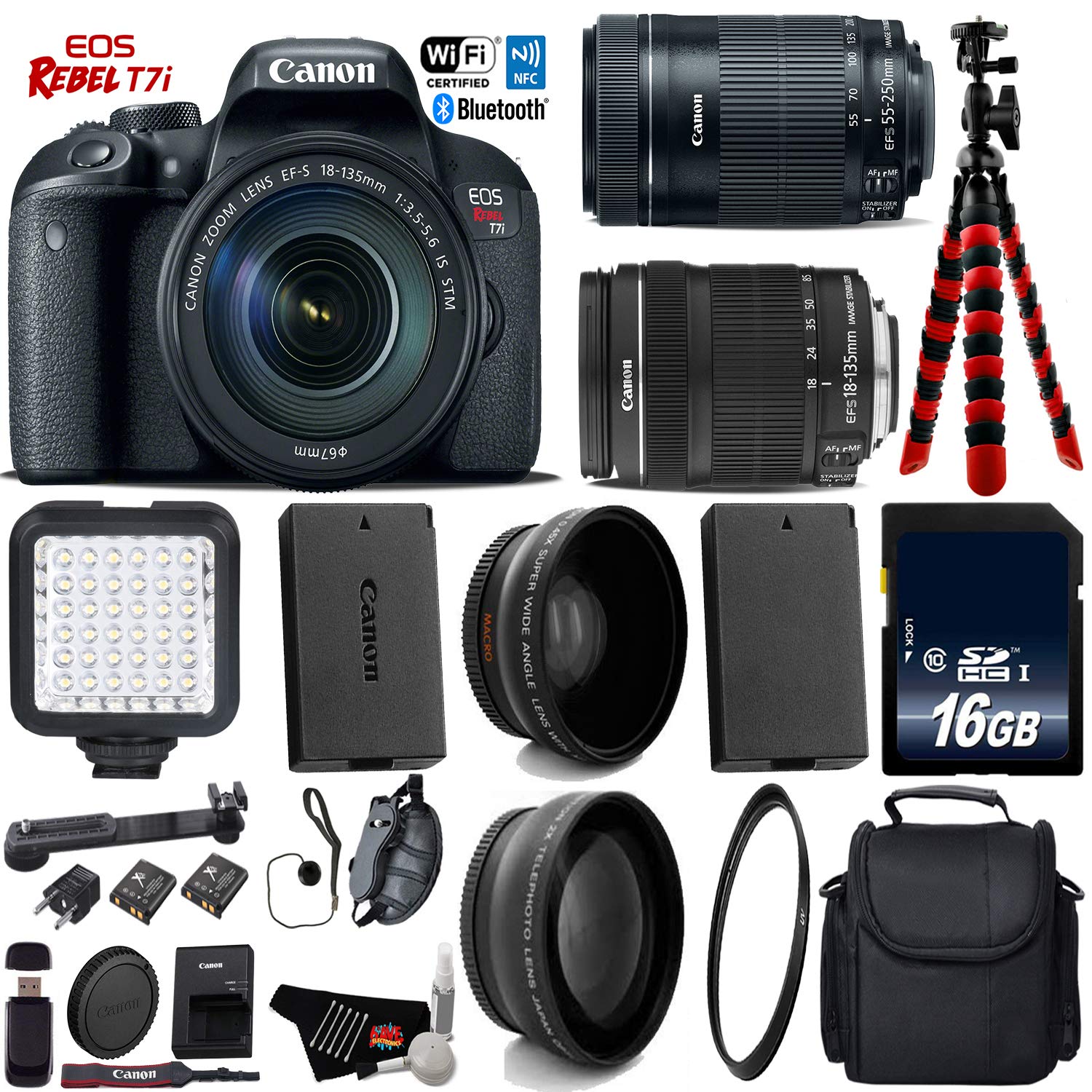 Canon EOS Rebel T7i DSLR Camera with 18-135mm STM Lens & 55-250mm is STM Lens + LED + UV FLD CPL Filter Kit + Wide Angle