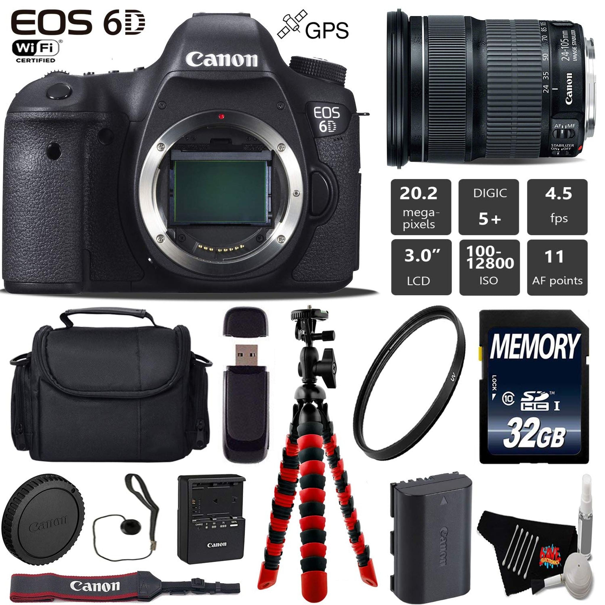 Canon EOS 6D DSLR Camera with 24-105mm is STM Lens + Wireless Remote + UV Protection Filter + Case + Wrist Strap + Tripo Canon