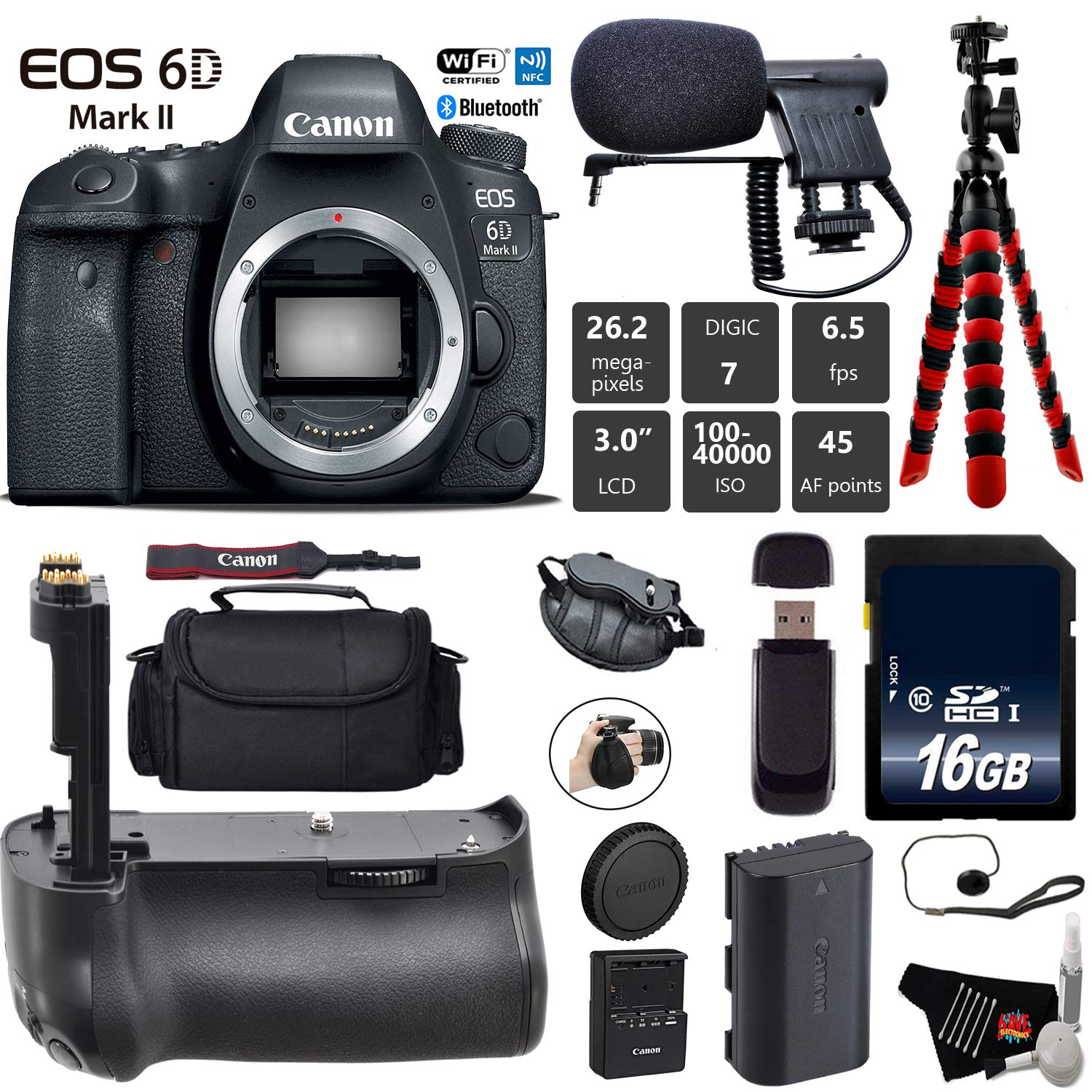 Canon EOS 6D Mark II DSLR Camera (Body Only) + Professional Battery Grip + Condenser Microphone + Case + Wrist Strap Base Bundle