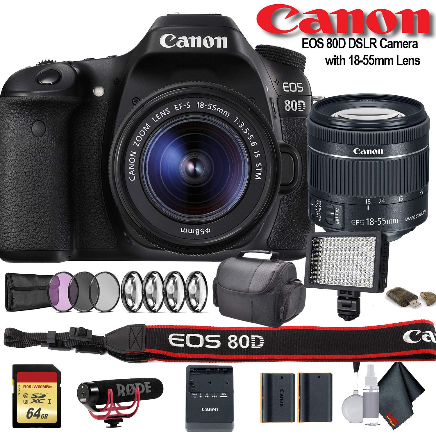Canon EOS 80D DSLR Camera with 18-55mm Lens (International Model) (1263C005) W/Bag, Extra Battery, LED Light, Mic, Filte