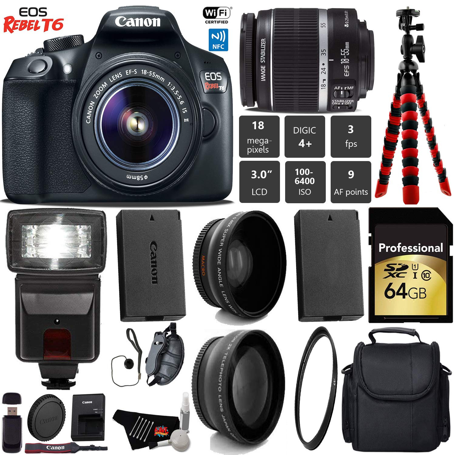 Canon EOS Rebel T6 DSLR Camera 18-55mm is II Lens + Flash + UV FLD CPL Filter Kit + Wide Angle & Telephoto Lens + Camera Pro Bundle