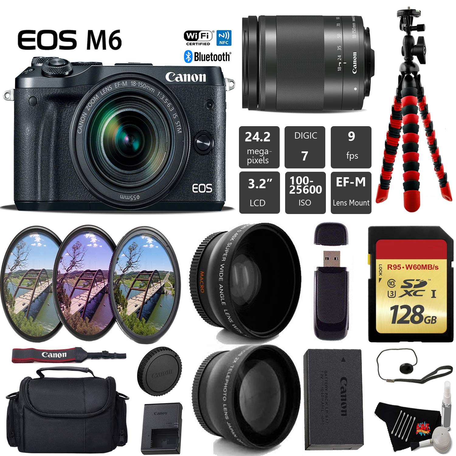 Canon EOS M6 Mirrorless Digital Camera with 18-150mm Lens (Black) - International Version (Advanced Kit, 128GB)