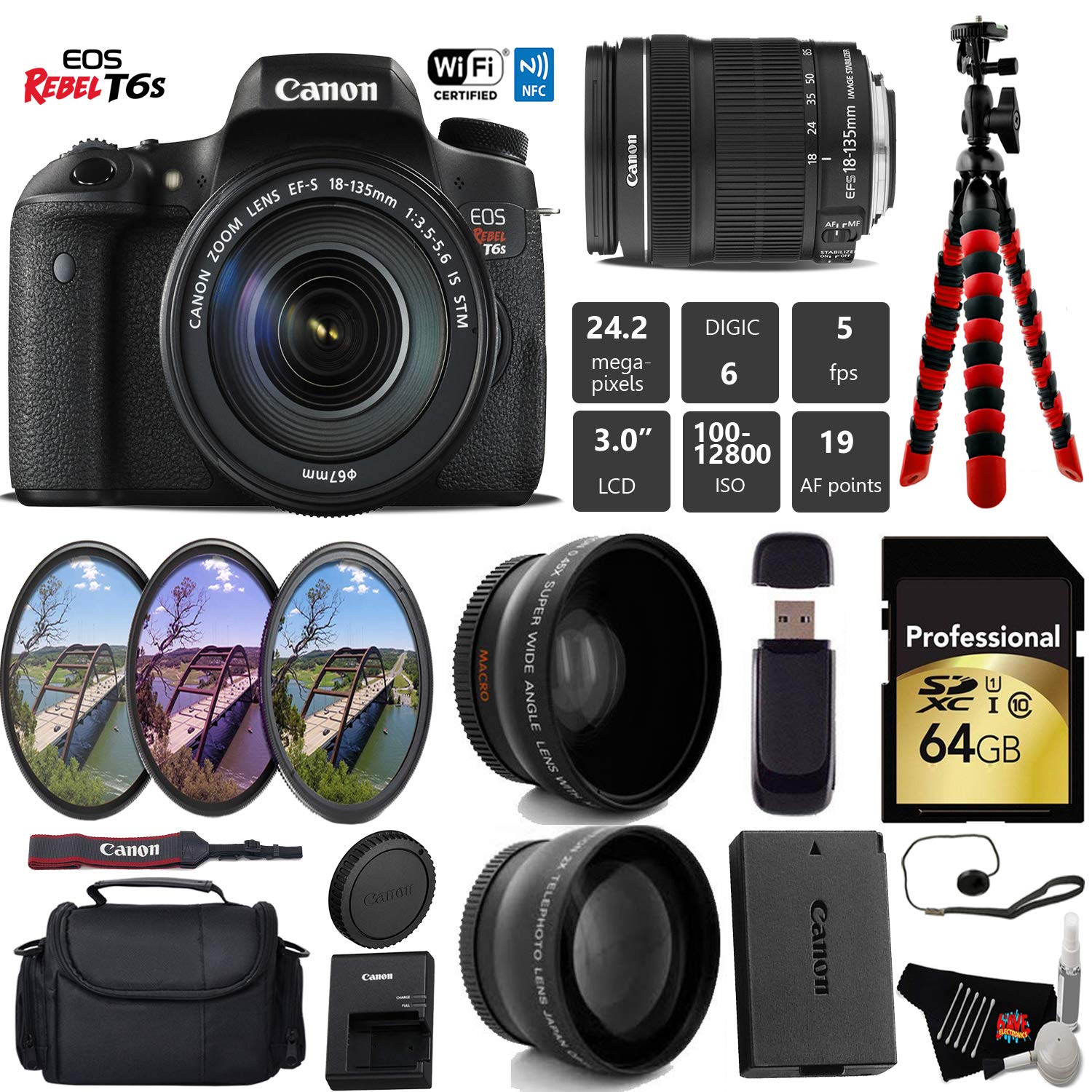 Canon EOS Rebel T6S DSLR Camera with 18-135mm is STM Lens + UV FLD CPL Filter Kit + Wide Angle & Telephoto Lens + Camera