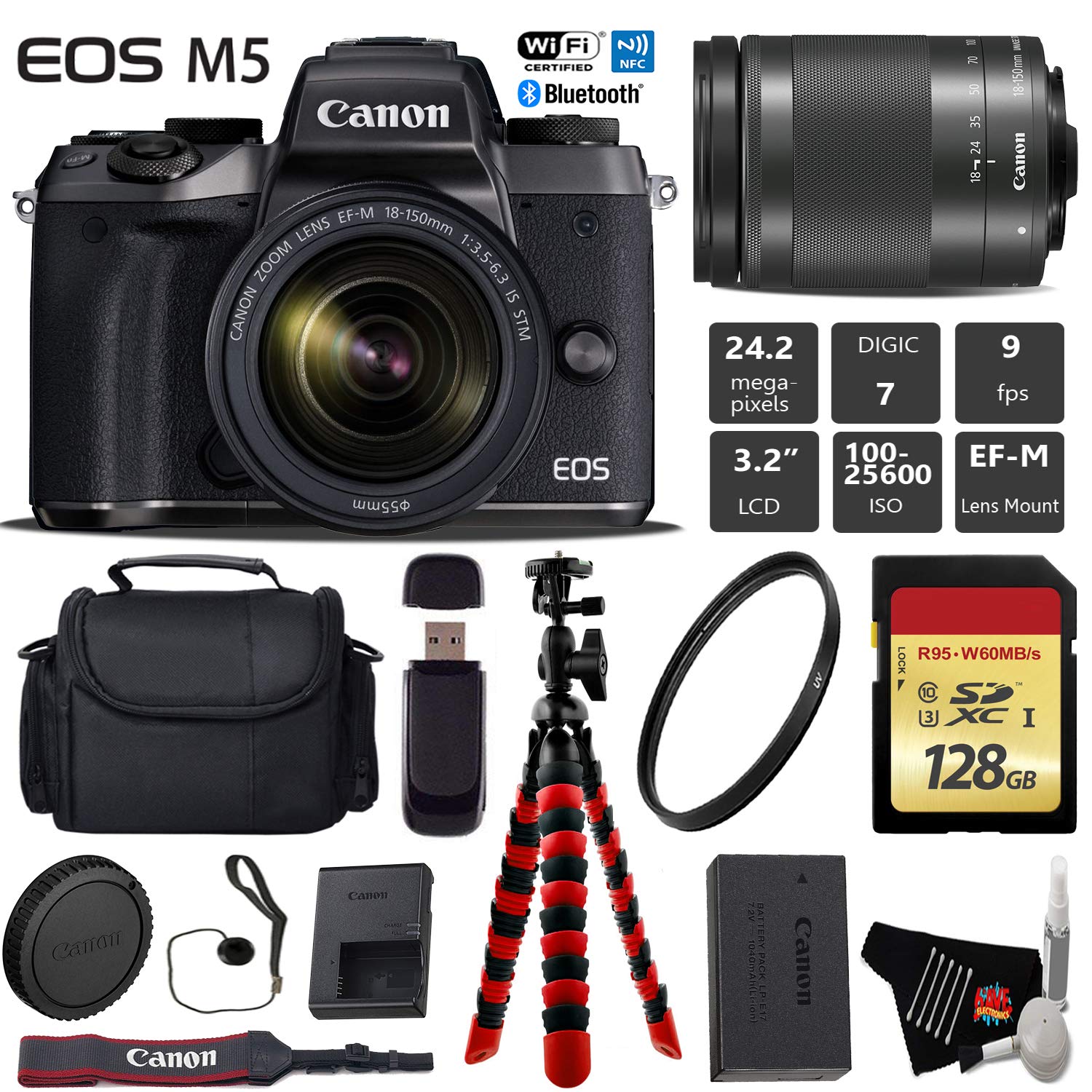 Canon EOS M5 Mirrorless Digital Camera with 18-150mm is STM Lens + Flexible Tripod + UV Protection Filter + Professional