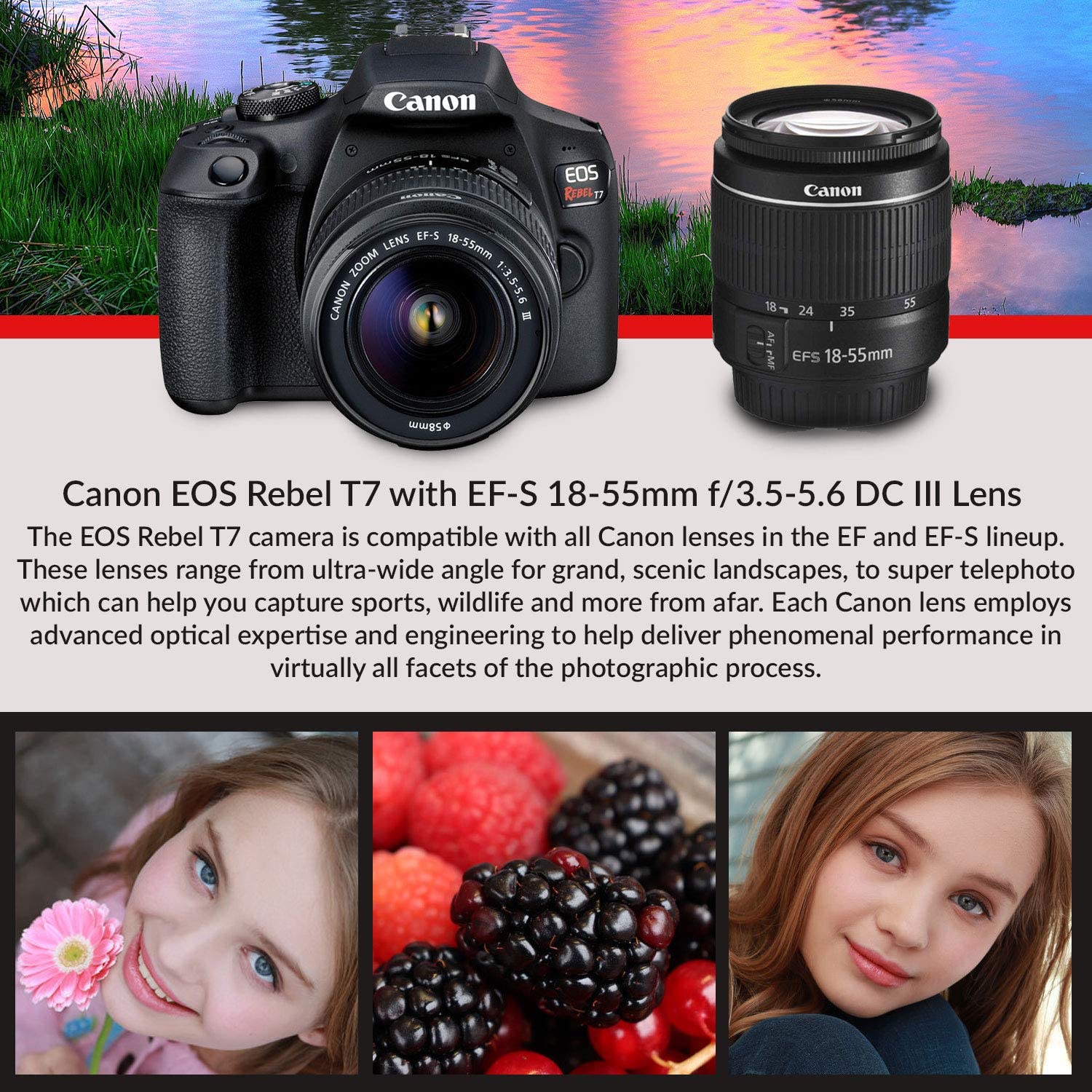 Canon EOS Rebel T7 DSLR Camera with 18-55mm Lens Starter Bundle  + Includes: EOS Bag +  Sandisk Ultra 64GB Card + Clean and Care Kit + More