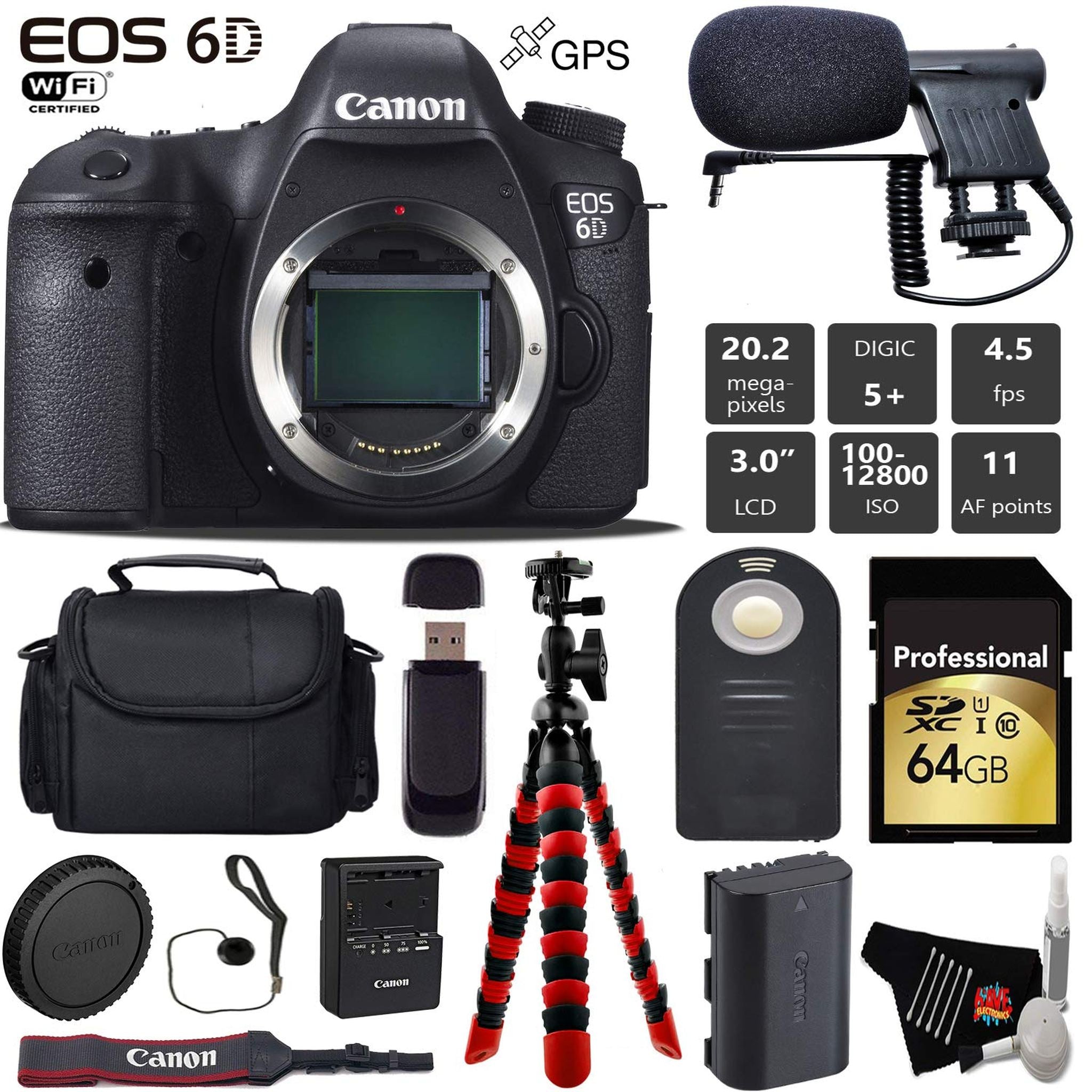 Canon EOS 6D DSLR Camera Body Only + Wireless Remote + Condenser Microphone + Case + Wrist Strap + Tripod + Card Reade Canon