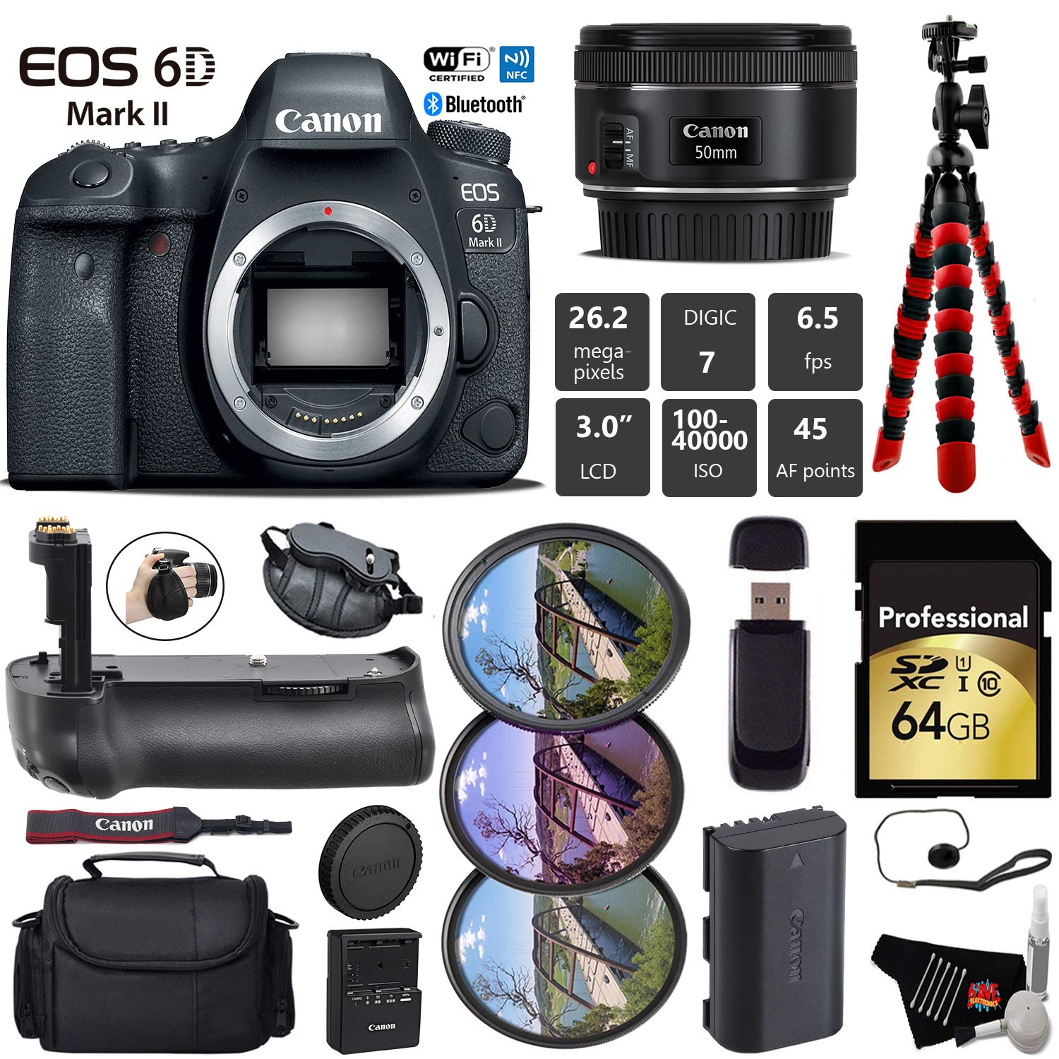 Canon EOS 6D Mark II DSLR Camera with 50mm f/1.8 STM Lens + Professional Battery Grip + UV FLD CPL Filter Kit + Case Pro Bundle