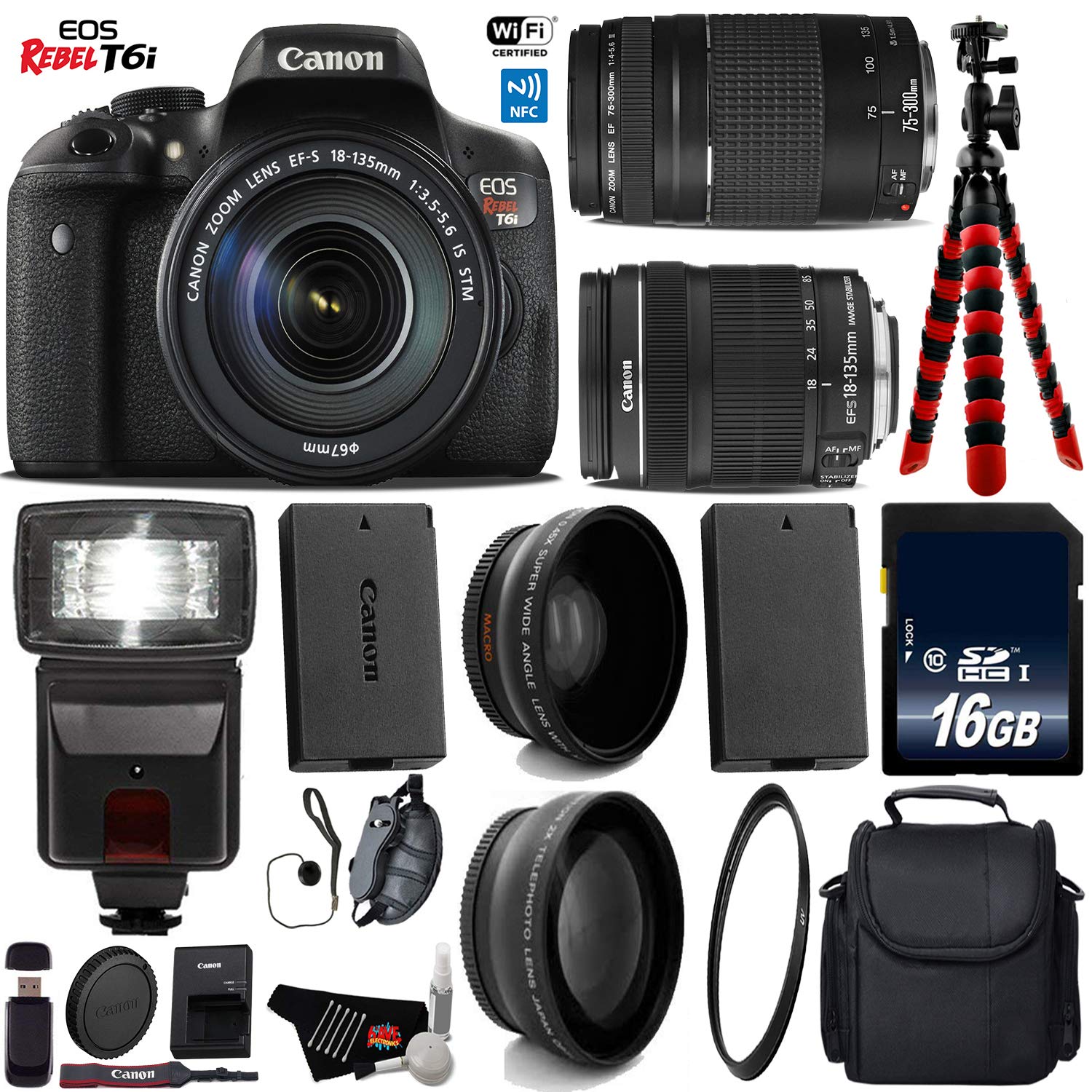 Canon EOS Rebel T6i DSLR Camera 18-135mm is STM Lens & 75-300mm III Lens + Flash + UV FLD CPL Filter Kit + Wide Angle &
